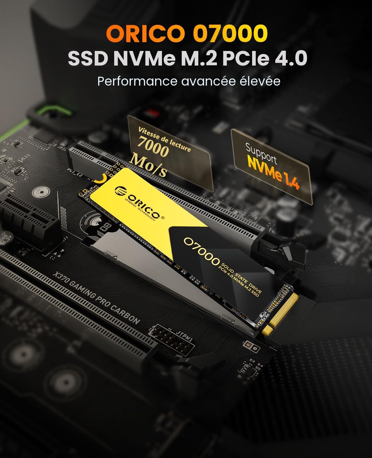ORICO 1To SSD NVMe M.2 PCIe Gen4x4, Jusqu'à 7000 Mo/s en Lecture, 6500 Mo/s en écriture, SLC Cache 3D NAND, SSD Interne M.2 2280 pour PS5, PC de Bureau et Ordinateurs Portables-O7000