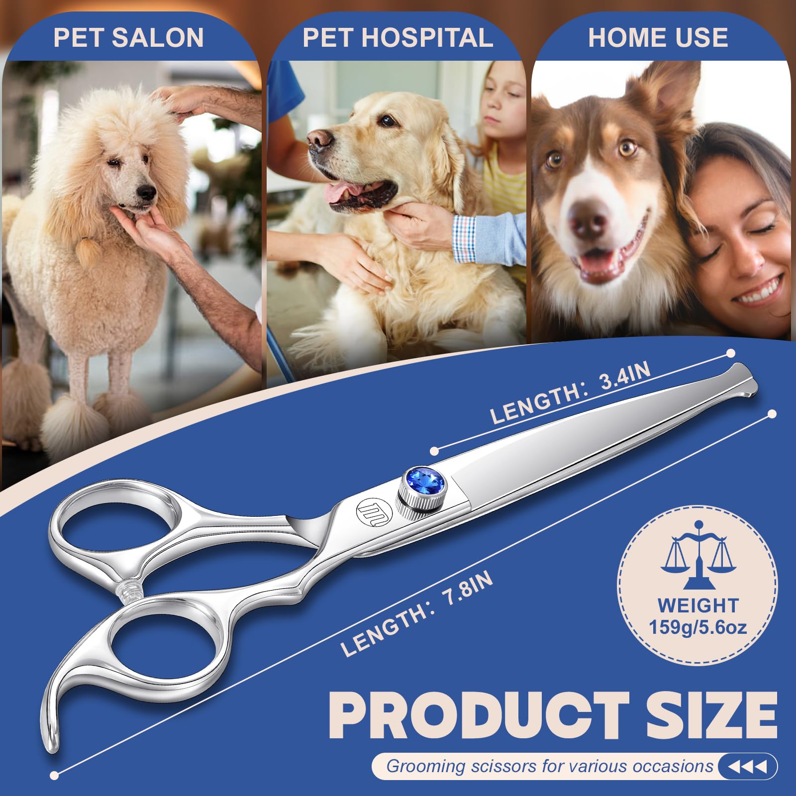Moontay Ciseaux de Toilettage Professionnels pour Chiens Ciseaux à Fourrure droits pour couper les poils Ciseaux de 7 pouces en acier inoxydable japonais 440C Ciseaux de Toilettage pour Animaux Argent