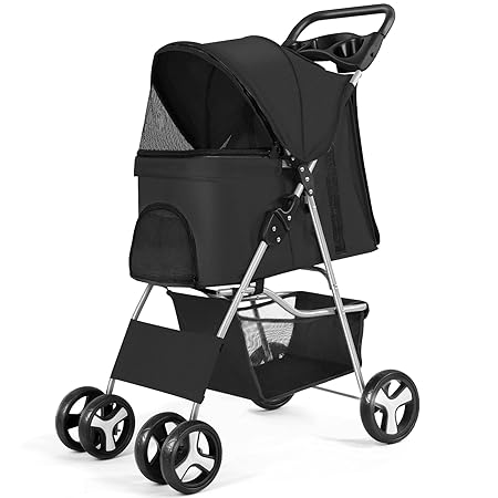 Wedyvko Pet Dog Stroller, 4 Wheel Foldable Cat Dog Stroller with Storage Basket, Handle 360? Front Wheel Rear Wheel with Brake for Small Medium Dogs & Cats (Black)