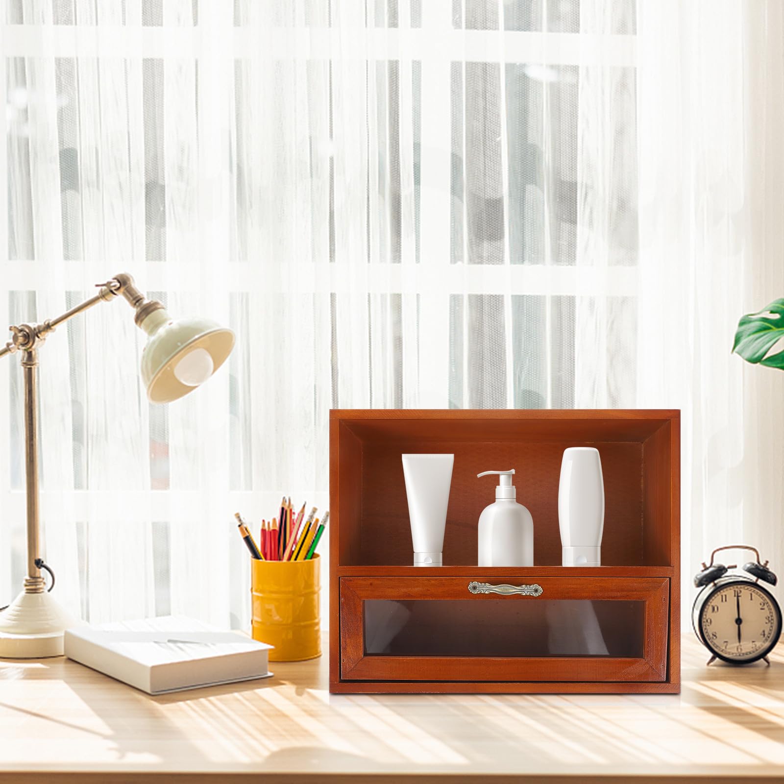 Amosfun Scatola Porta Oggetti Grande Capacità e Superficie Liscia Organizer da Scrivania in Legno Vintage Cassetti Marrone per Casa e Ufficio