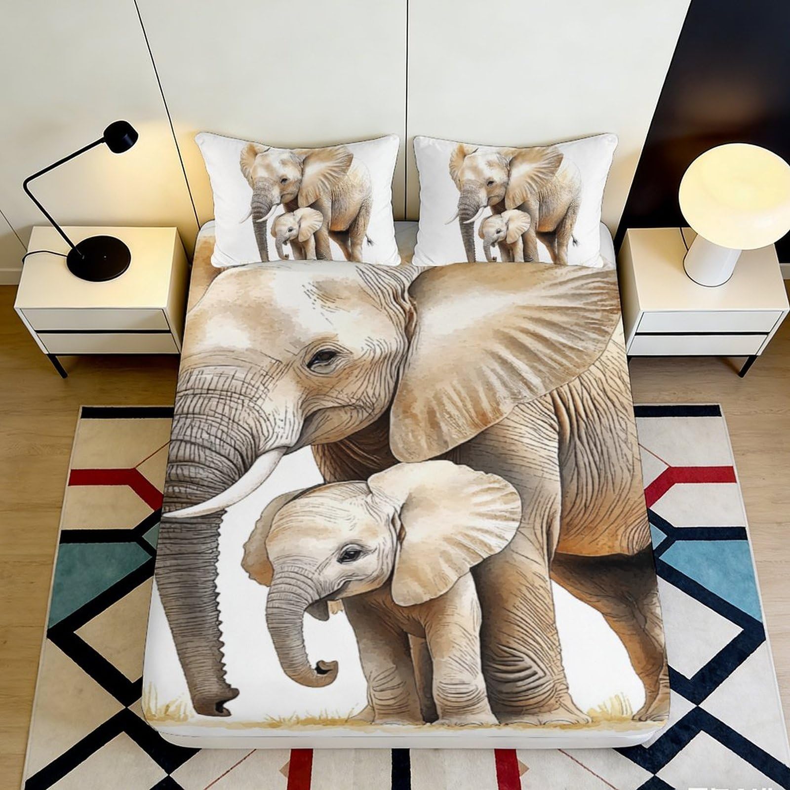 3D Printed Elephant Pattern Fitted Sheet Microfiber Deep Pocket Non-Slip Bedroom Bedding Elephant Mattress Fitted Cover Soft Wrap 90x200x25cm