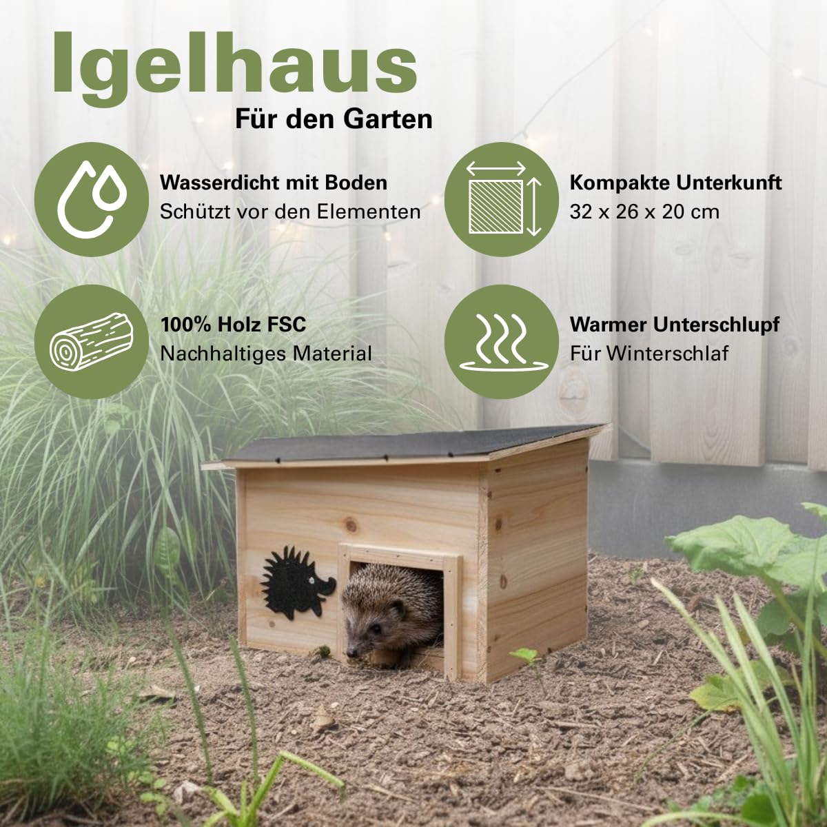 Lifetime Garden Igelhaus Winterfest mit Boden - Igelfutterhaus mit Inlauftunnel und Wasserfest - Igelhäuser Kompakter Unterschlupf 32×26×20 cm - Holz FSC 100%
