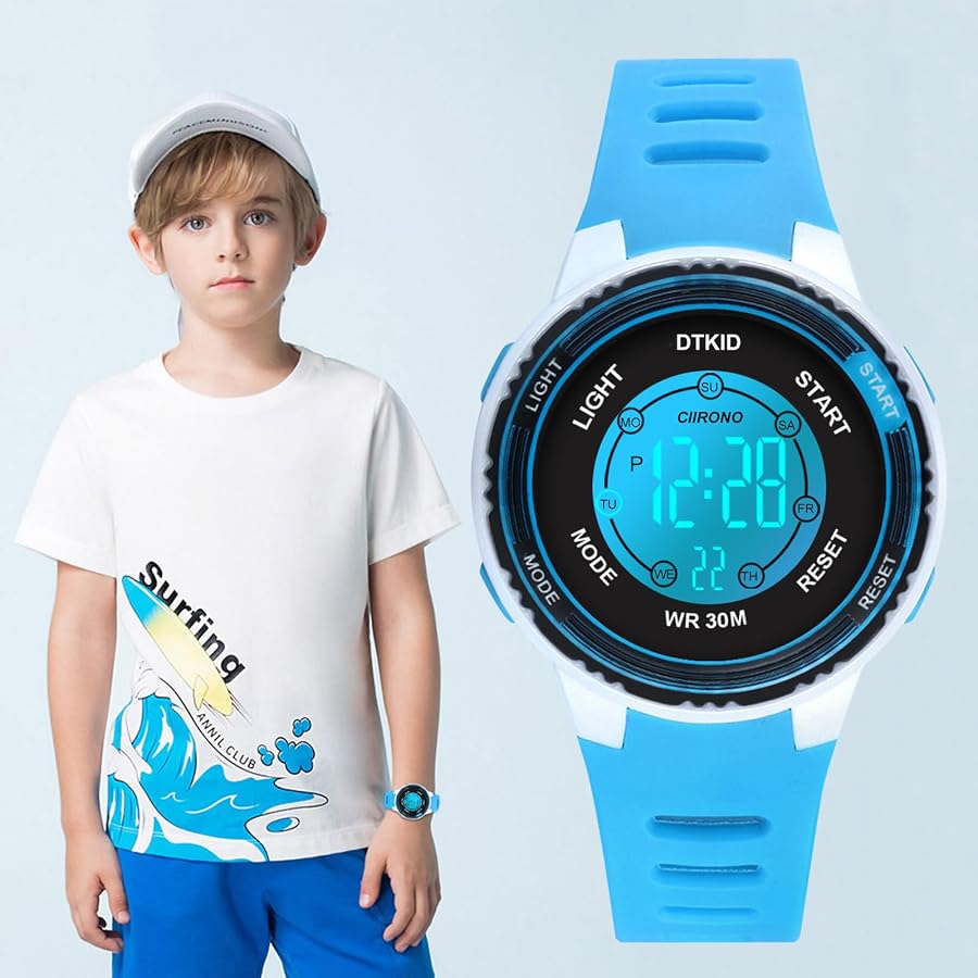 Montre Enfant Digital Avec 7 Lumières Colorées - DTKID - Étanche 30m, Chrono, Alarme