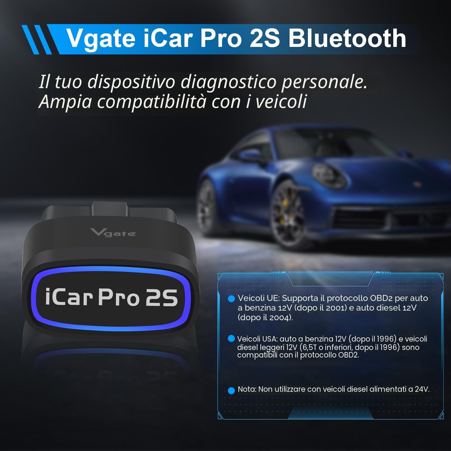 Vgate iCar Pro 2S Bluetooth OBD2 strumento diagnostico per iOS, Android e Windows, strumento di scansione auto supporta veicoli elettrici e ibridi