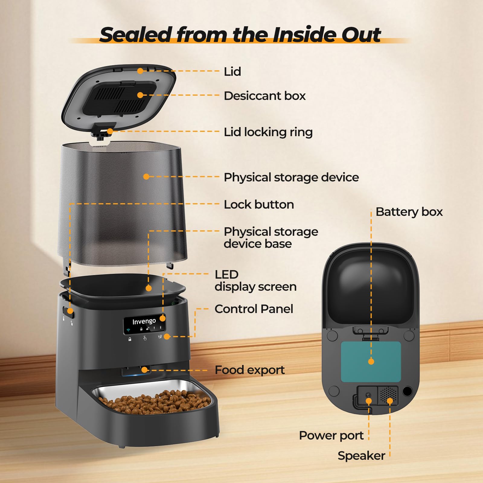 Invengo Automatic Cat Feeder with App Control, 5L Food Dispenser for Cats and Small Dogs, 2.4/5G Wi-Fi, Dual Power, Programmable Portions, Anti-Jam & Fresh-Lock, Stainless Steel Bowl, Easy to Clean - image 7