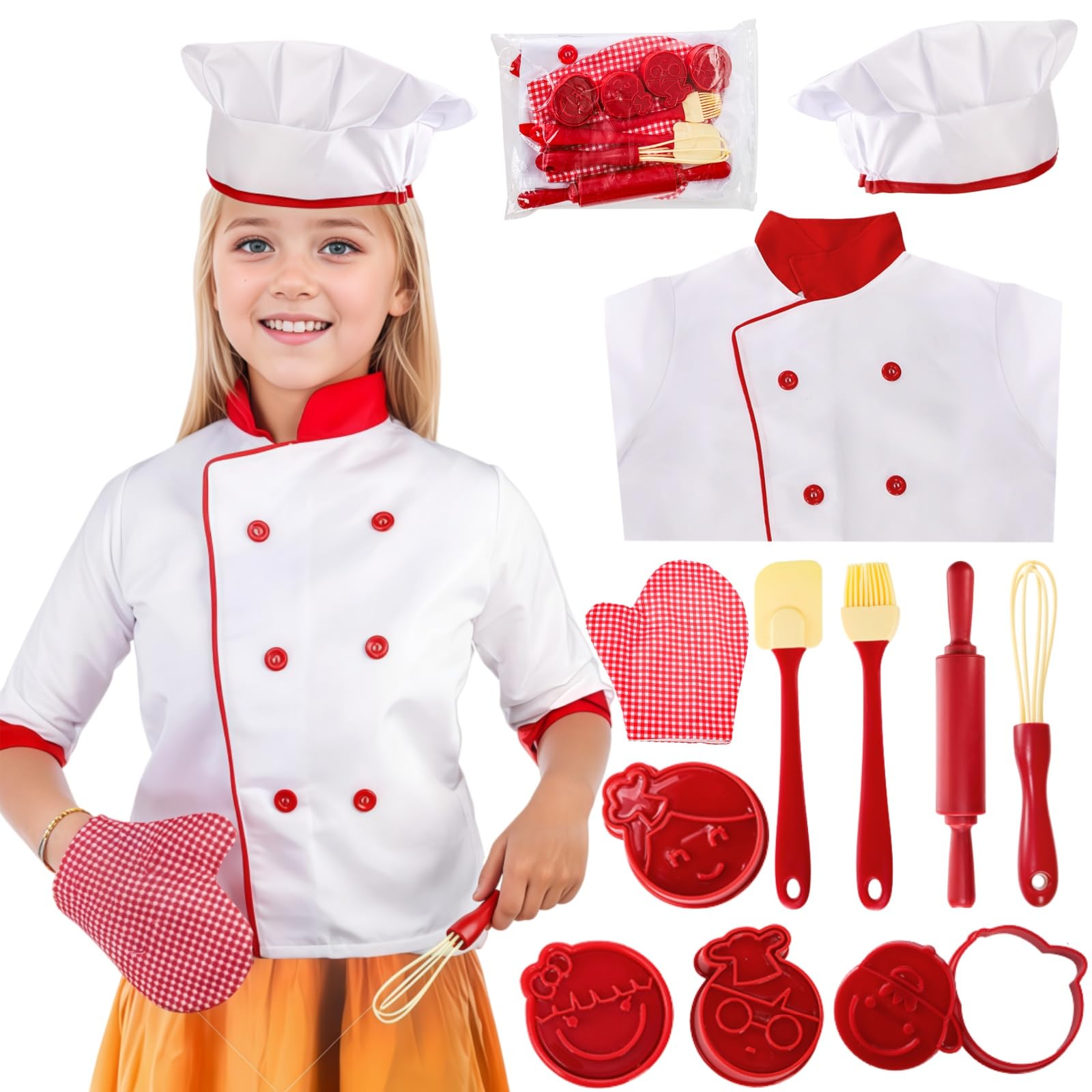 Noamus Juego de 11 piezas de disfraz de chef para niños, disfraz de chef de simulación con accesorios realistas, juguetes de cocina, juego de disfraces para niños, suministros de chef, regalos Noamus Juego de 11 piezas de disfraz de chef para niños, disfraz de chef de simulación con accesorios realistas, juguetes de cocina, juego de disfraces para niños, suministros de chef, regalos
