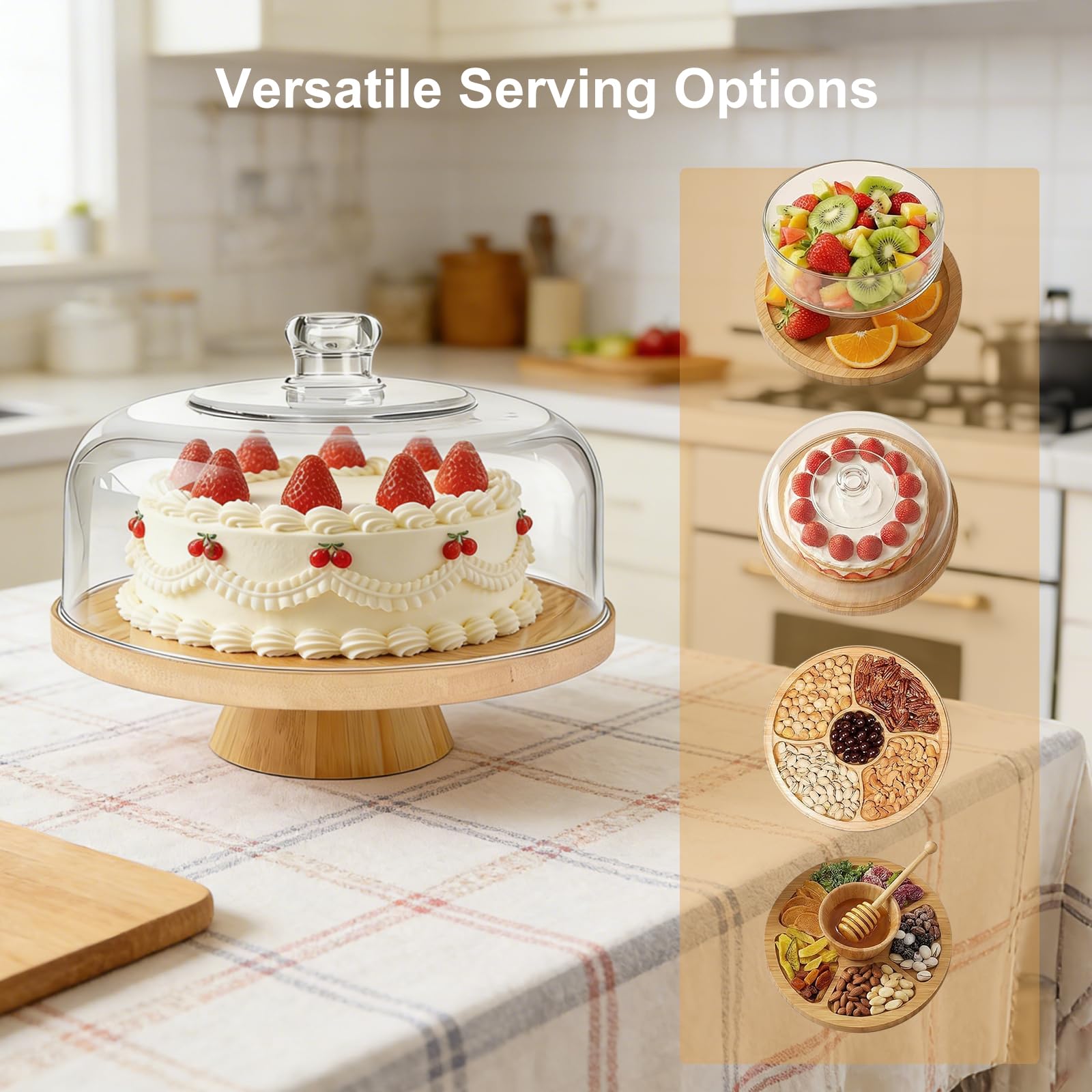 Tortenplatte mit Deckel,Kuchenständer aus Bambus und Holz,Tortenständer mit Fuß,2-in-1 Dessert-Display-Set & Charcuterie-Brett für Hochzeiten, Partys, Bäckereien