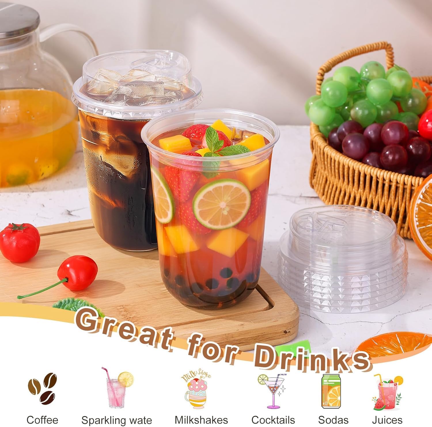 KAHEIGN 50 Pièces Gobelets en Plastique Transparent avec Couvercles, 480ml Gobelet à Café en Plastique Réutilisable Verres Élégants pour Glacé Café Smoothie Milkshake Froides Boissons Fêtes Traiteur