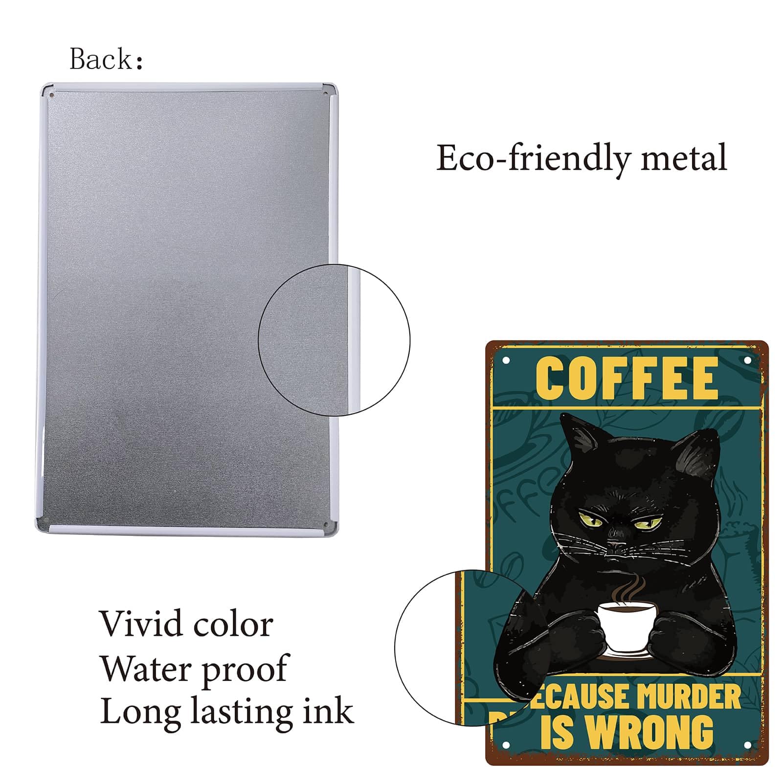WADORN Cartello Metallico Vintage Black Cat Coffee – Targa Divertente Con Scritta 'Caffè Perché L'Omicidio È Sbagliato', 20x30 Cm, Per Cucina, Bar O Ufficio