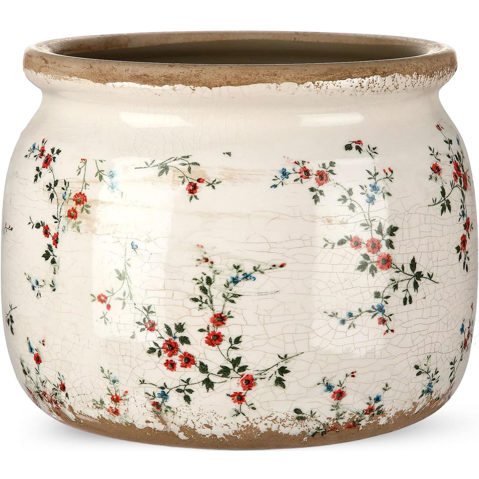 Großer Keramik-Blumentopf, 19,6 cm, Beige/Rot, Cottage Rose, Craquelé-Glasur, rustikaler Blumentopf, dekorativer Übertopf mit Drainage, für Innen- und Außenbereich, Pflanzen, Zuhause