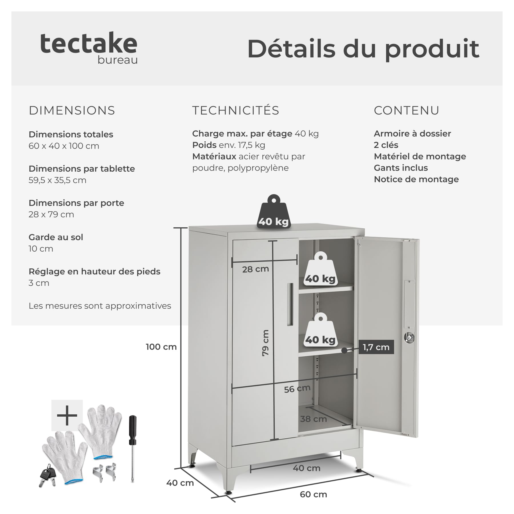 tectake® Armoire à dossiers 60 x 40 x 100 cm, Portes à Fermeture magnétique verrouillables, 2 étagères réglables, Armoire de Bureau en Acier thermolaqué, Meuble de Rangement Dossiers, Classeurs - Gris