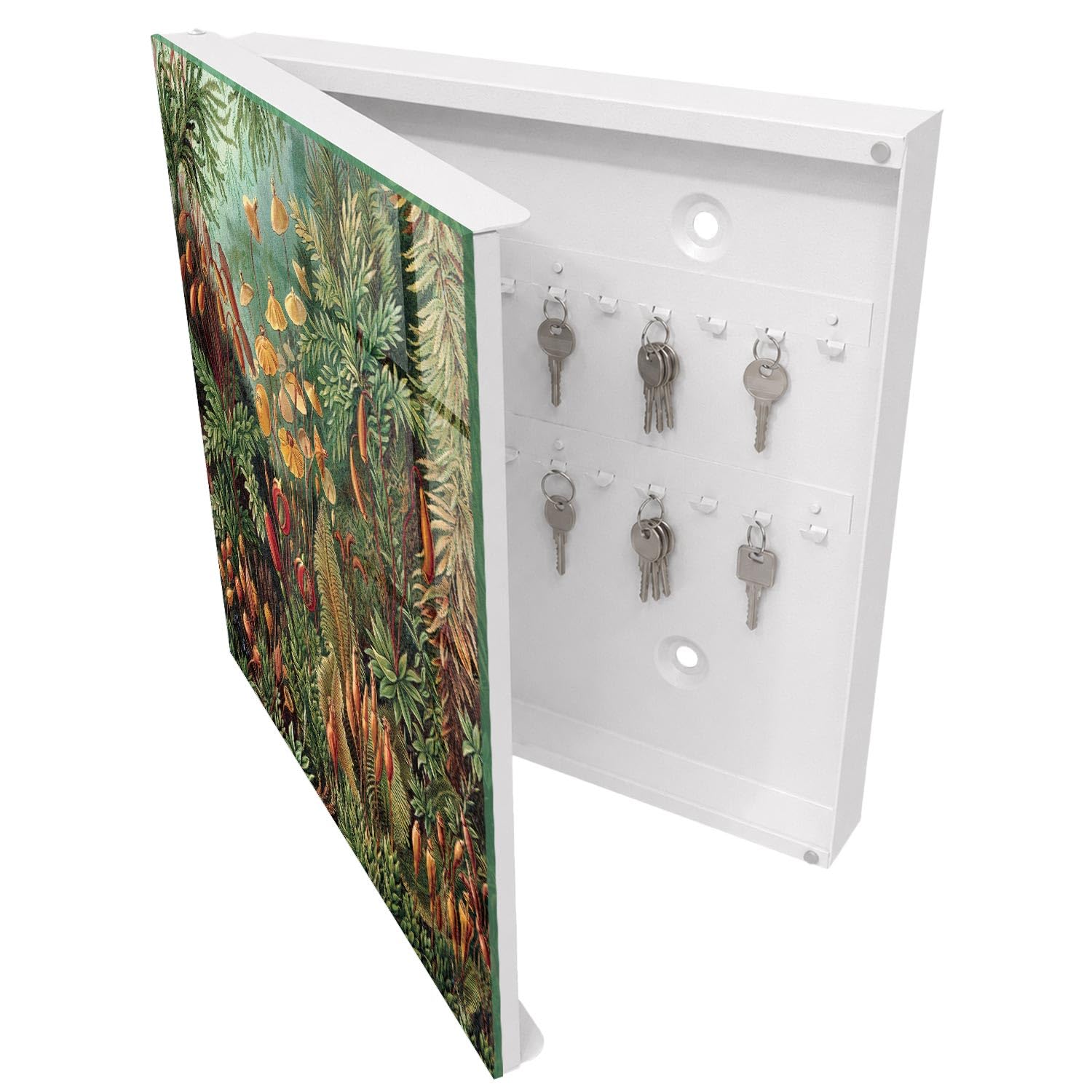 Armadietto Portachiavi 30x30 cm | Bianco | A Sinistra | Montaggio a Parete | Foglie verdi | per Uffici | in Metallo | Tasselli e Viti Inclusi | Frontale Decorativo in Vetro Temperato