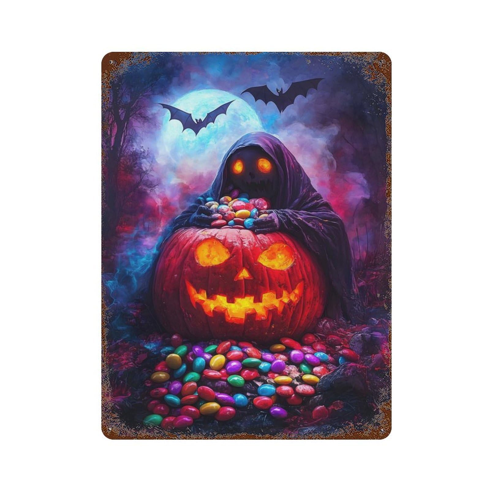 Halloween Pumpkin & Grim Reaper Decorative Tin Sign 15.7"x11.8", Old School Wall Decor for Garage, Pub Or Kitchen