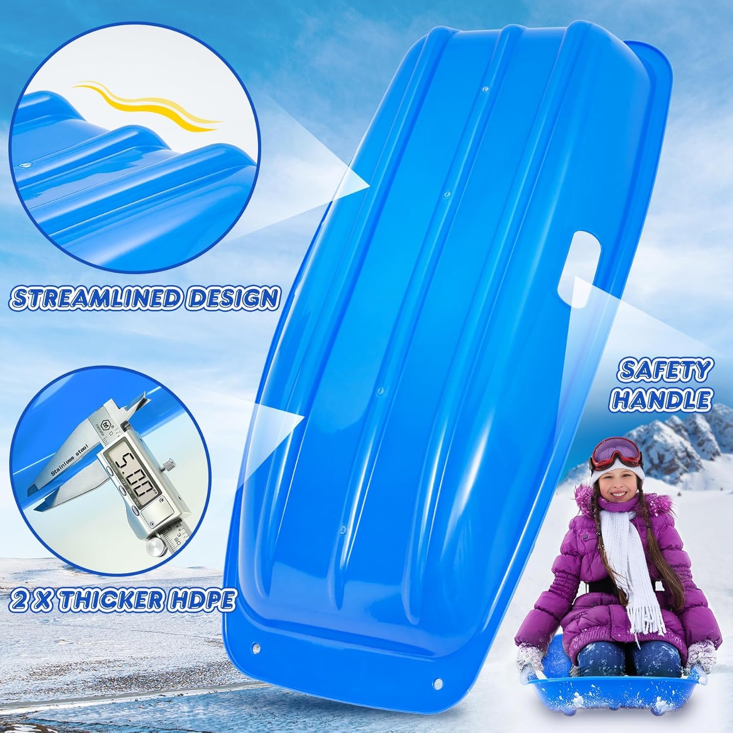 Trineo de Nieve de 2 Piezas Resistente con Cuerda de Tracción Capacidad 400 Libras para Adultos y Niños