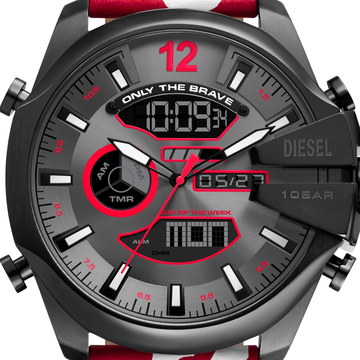 Close-up of Diesel Mega Chief watch face with digital display