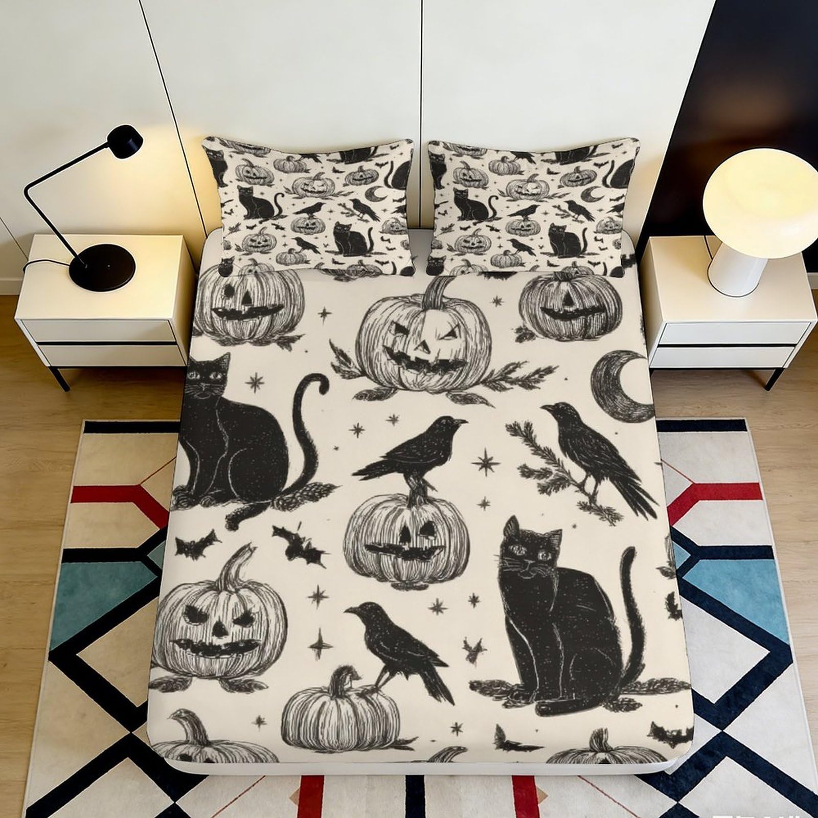 3D Printed Halloween Cat Pumpkin Fitted Sheet Microfiber Soft Decor Black Crow Bed Cover for Bedroom Dorm Protection 90x200x25cm