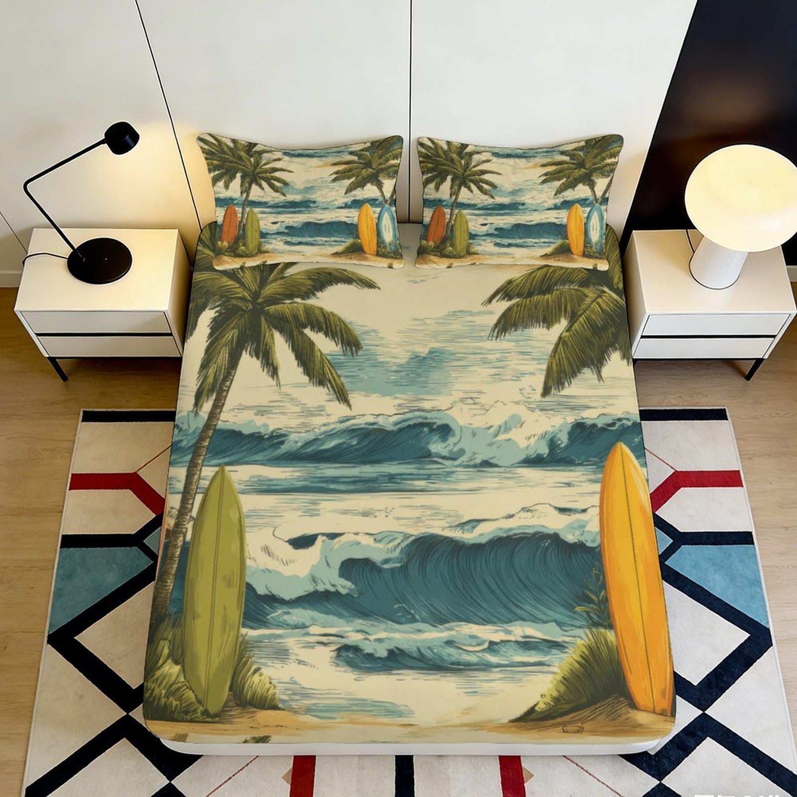 3D Printed Tropical Beach Surf Fitted Sheet Microfiber Palm Wave Mattress Cover Anti-Slip Decor for Bedroom Guest Room 200x200x25cm