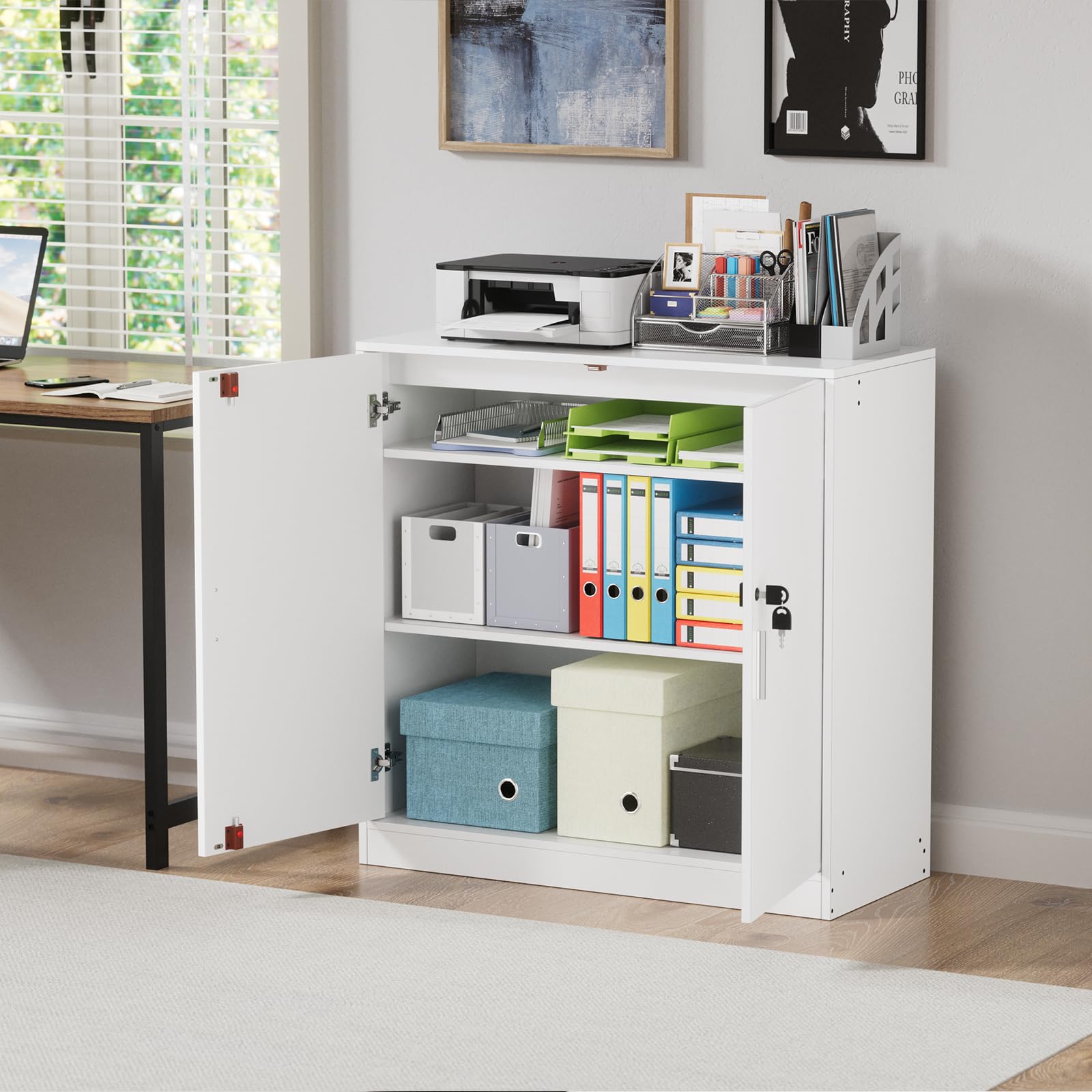 anrekl Lockable Filing Cabinets for Home, Office Cupboards Storage Cabinets with 2 Doors and 2 Adjustable Shelves, Modern Wooden Storage Cupboard for Home Office, Kitchen, Living room, Garage, White