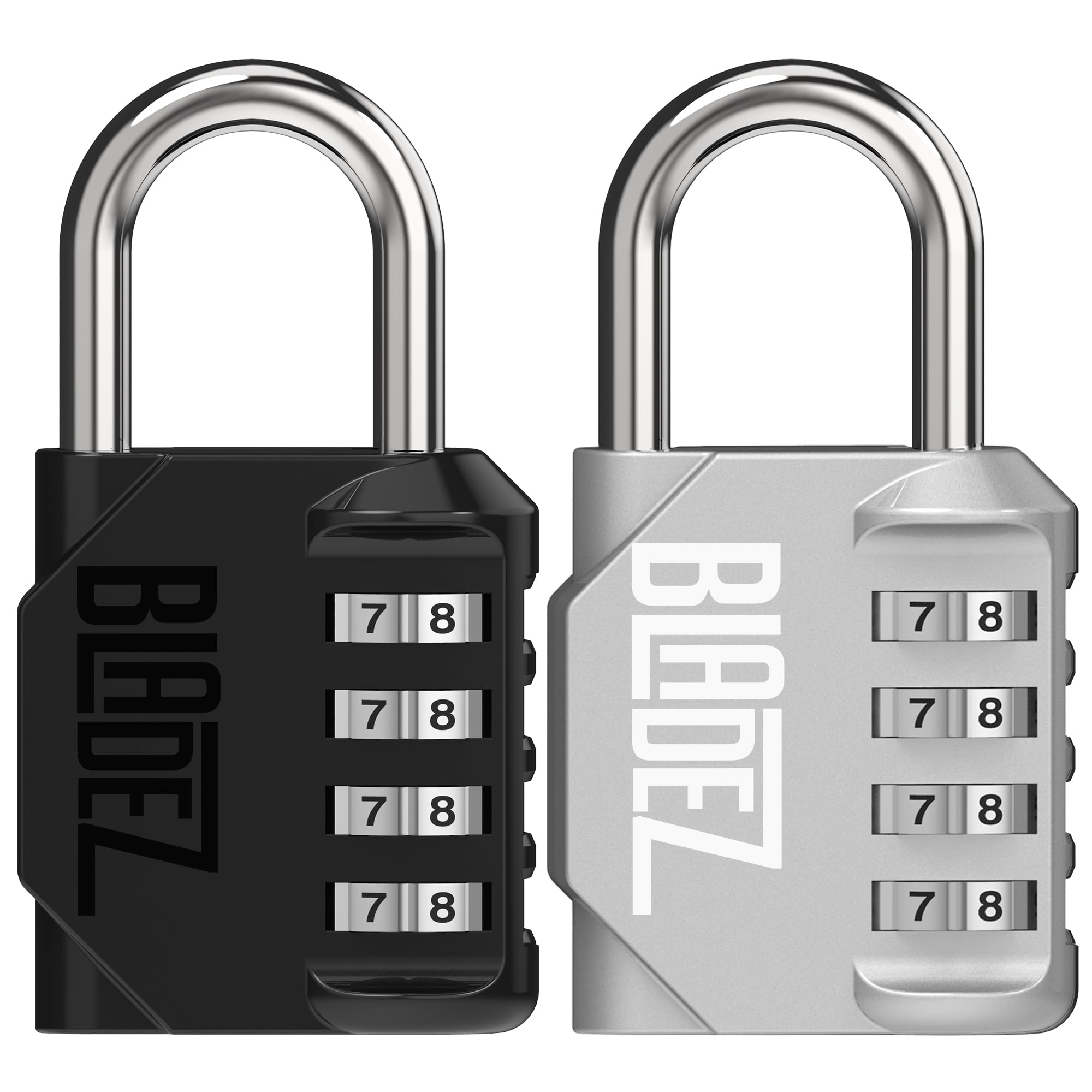 Bladez Combination Padlock with Code, Heavy Duty 4 Digit Pad Locks with Code, Weatherproof & Rust Resistant Locker Padlocks for Gym, School, Shed, Toolbox, Storage & Gate Pack of 2 Black & Silver