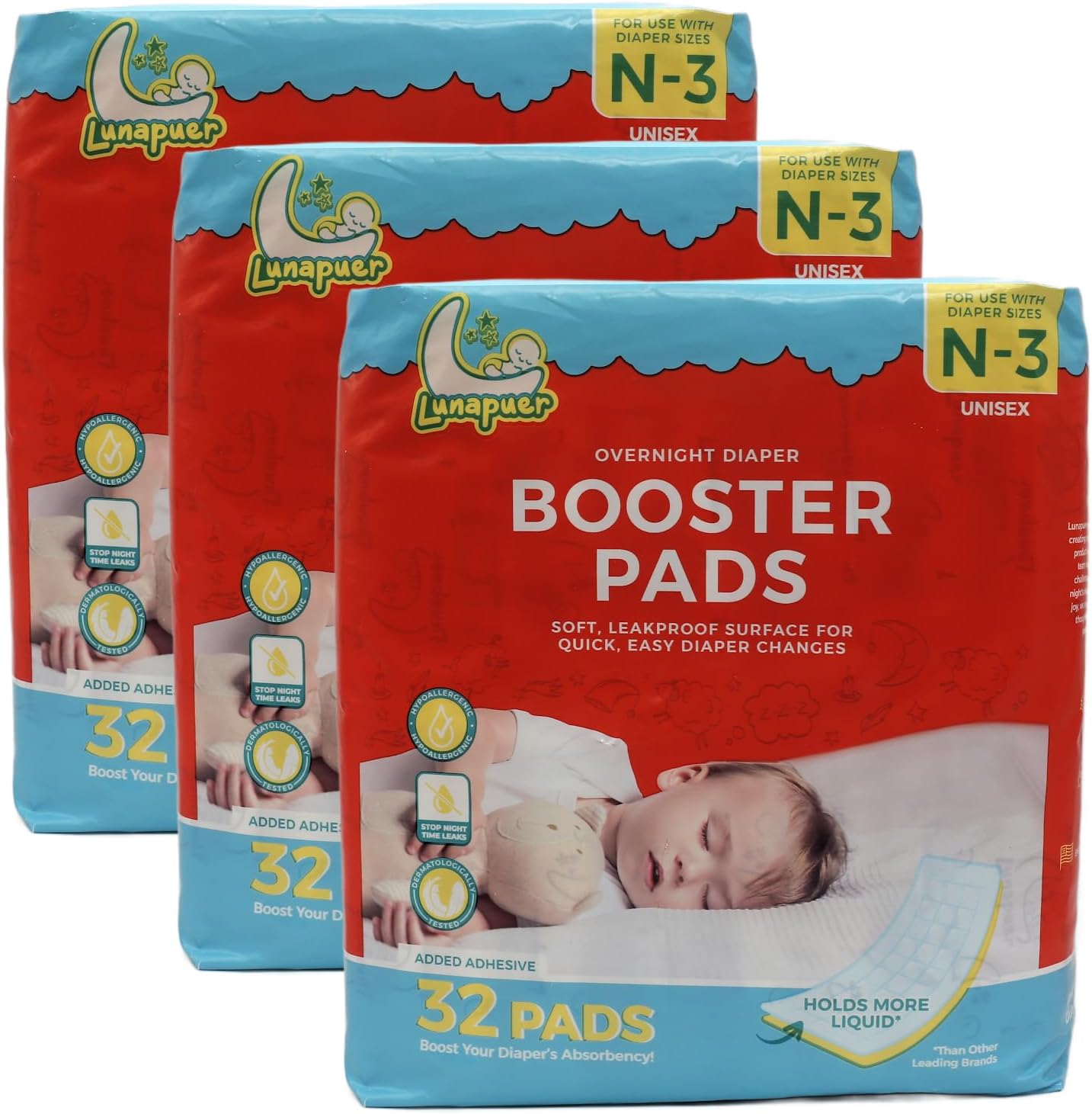 Diaper Booster Pads Overnight, Stop Overnight Leaks, Diaper Inserts with Adhesive for Sensitive Skin – Fits Newborn, Size 1, 2, 3 – Diaper Liners for Baby Boys & Girls – 96 ct (3 Packs)