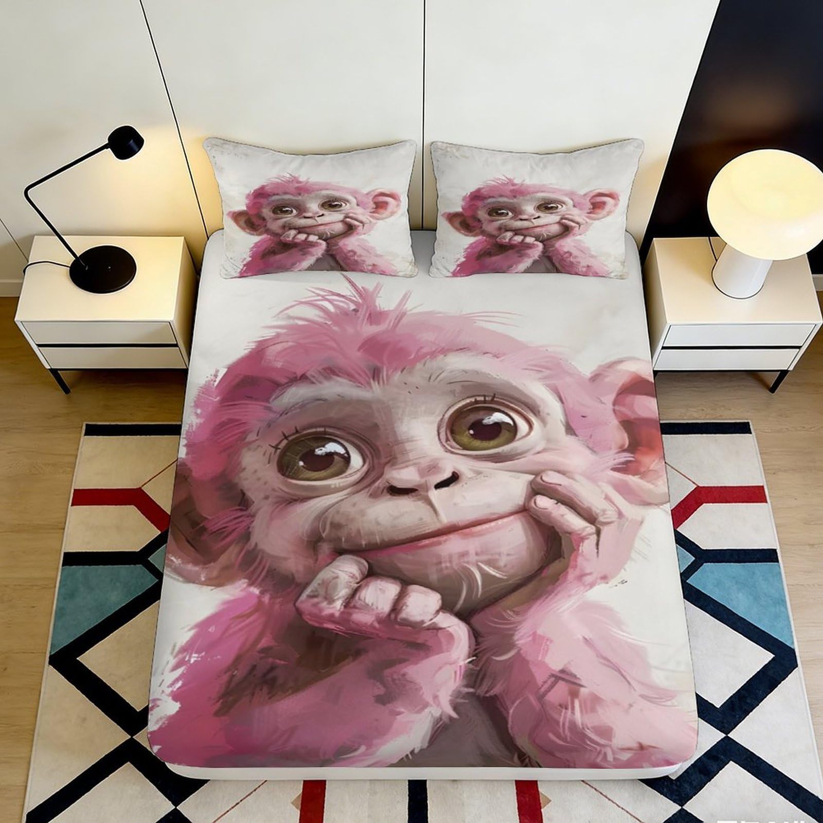 Pnayamiorkfel Style-5 3D Printed Pink Cartoon Monkey Fitted Sheet Microfiber Anti-Slip Bed Cover For Bedroom Dorm Mattress Protection Decor 90X200x25cm