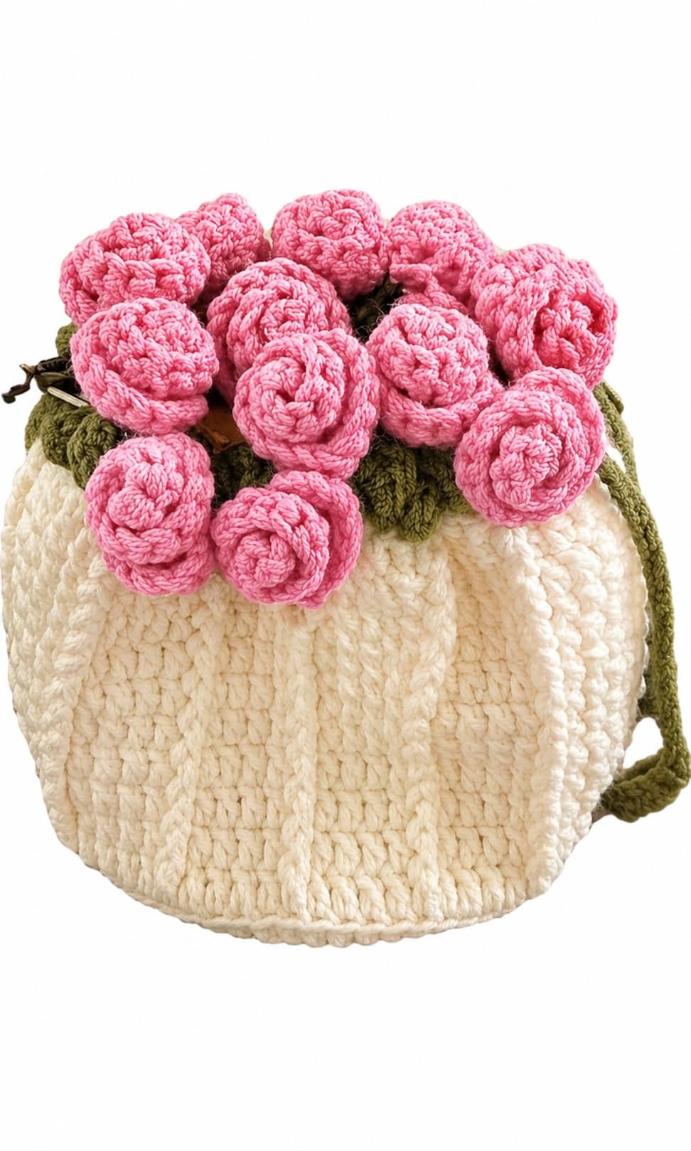 RHC Handmade Crochet Bucket Bag with 3D Red Rose Floral Embellishment, Cream and Pink, Medium, Women's Crossbody Handbag 18×18-picture-48
