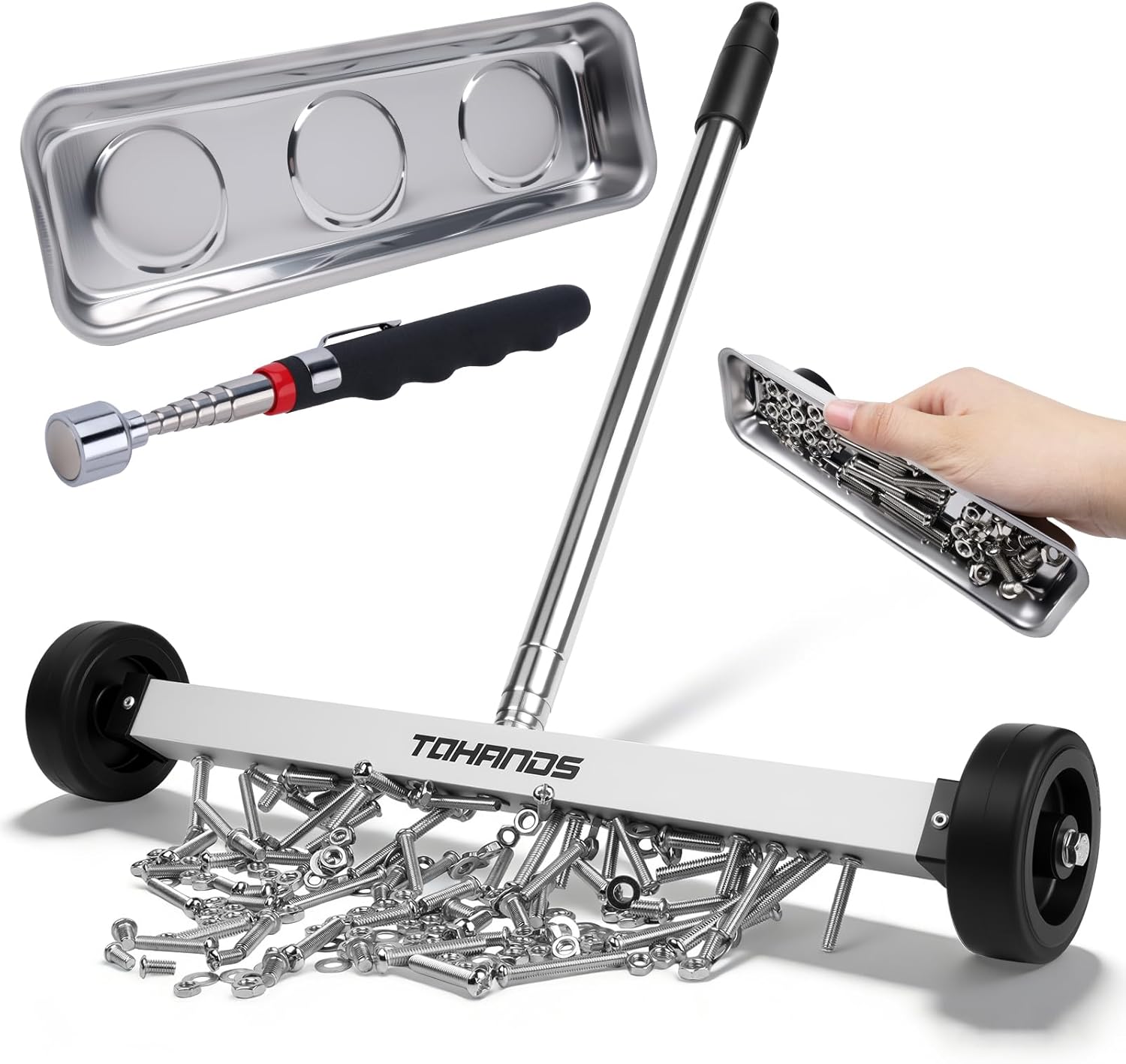 Magnetic Pick Up Sweeper 17-Inch Telescoping Pickup Tool with Wheels,10Lbs Heavy-Duty Rolling Magnet for Nails and Screws, 3-Pcs Magnetic Pick Up Tool Set Used in Yard Garage Workshop Lawn