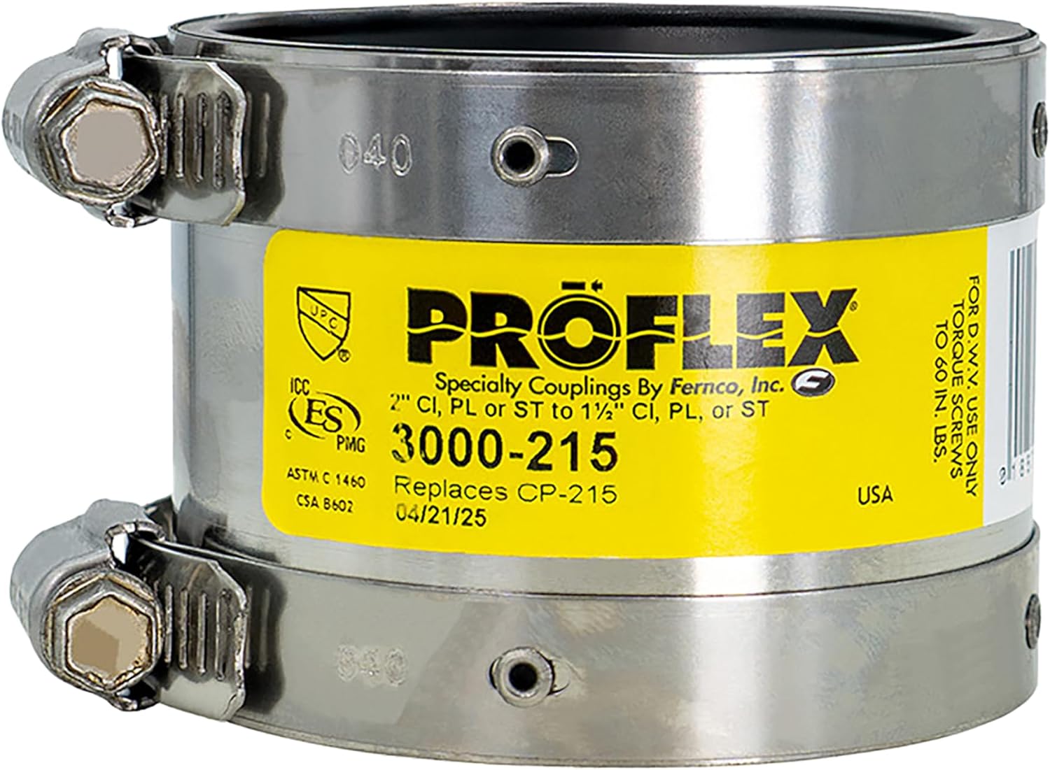 Fernco Proflex P3000-215 Shielded Pipe Coupling for Cast Iron, Plastic, Steel or Extra Heavy Cast Iron Plumbing Connections