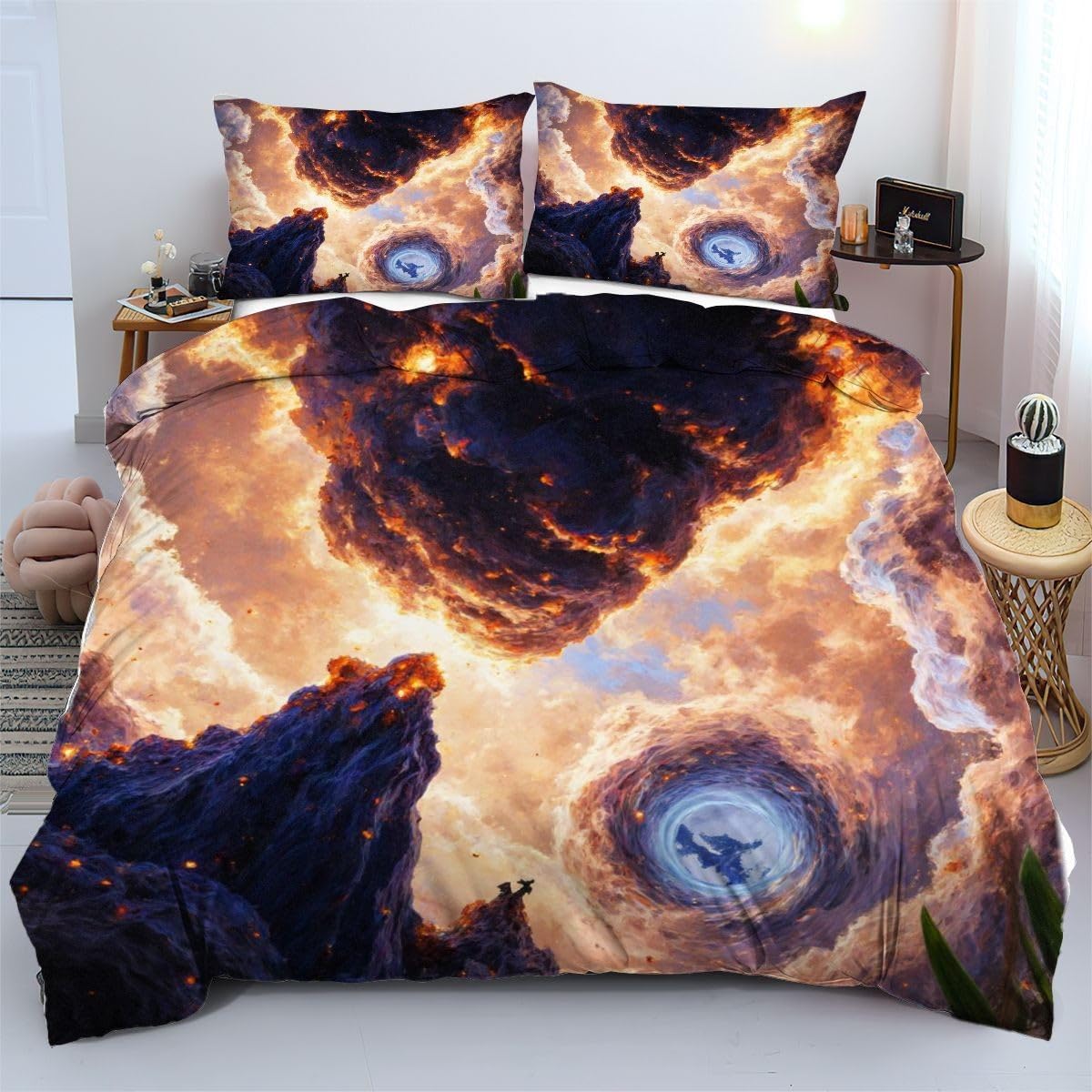 Ensemble de Literie Anti Rides 140x200 cm Fermeture Cachée Style Volcan Noir