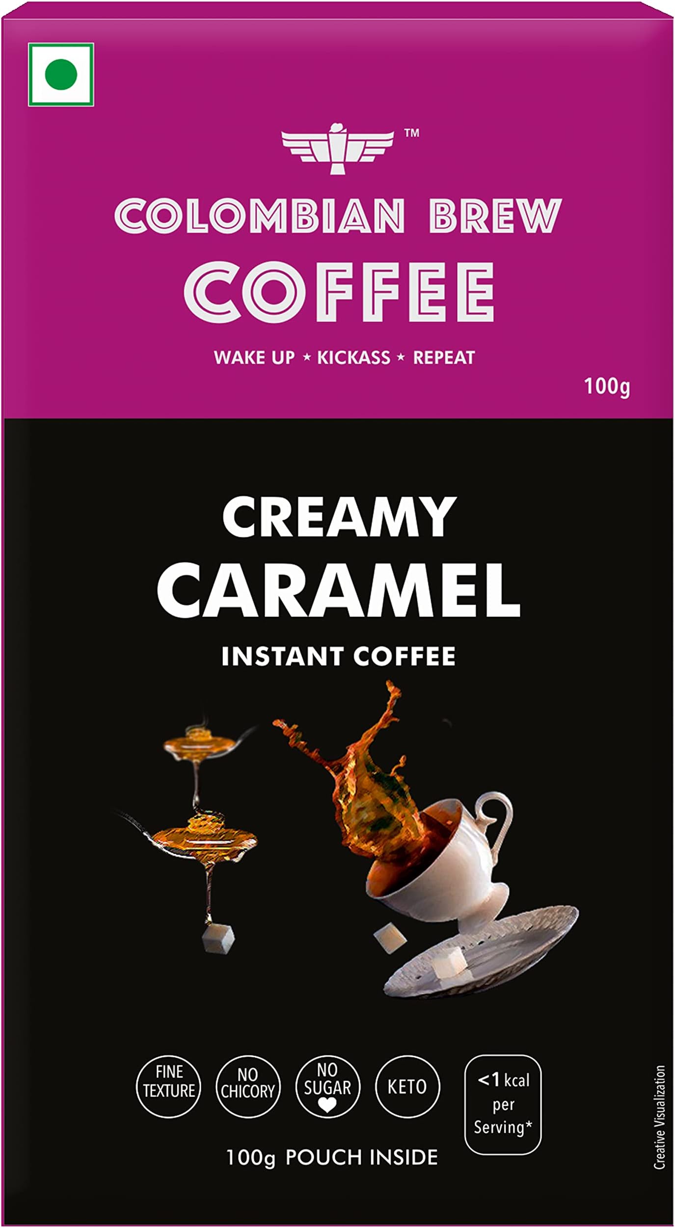 Colombian Brew Creamy Caramel Instant Coffee Powder, No Sugar Vegan, 100g Box