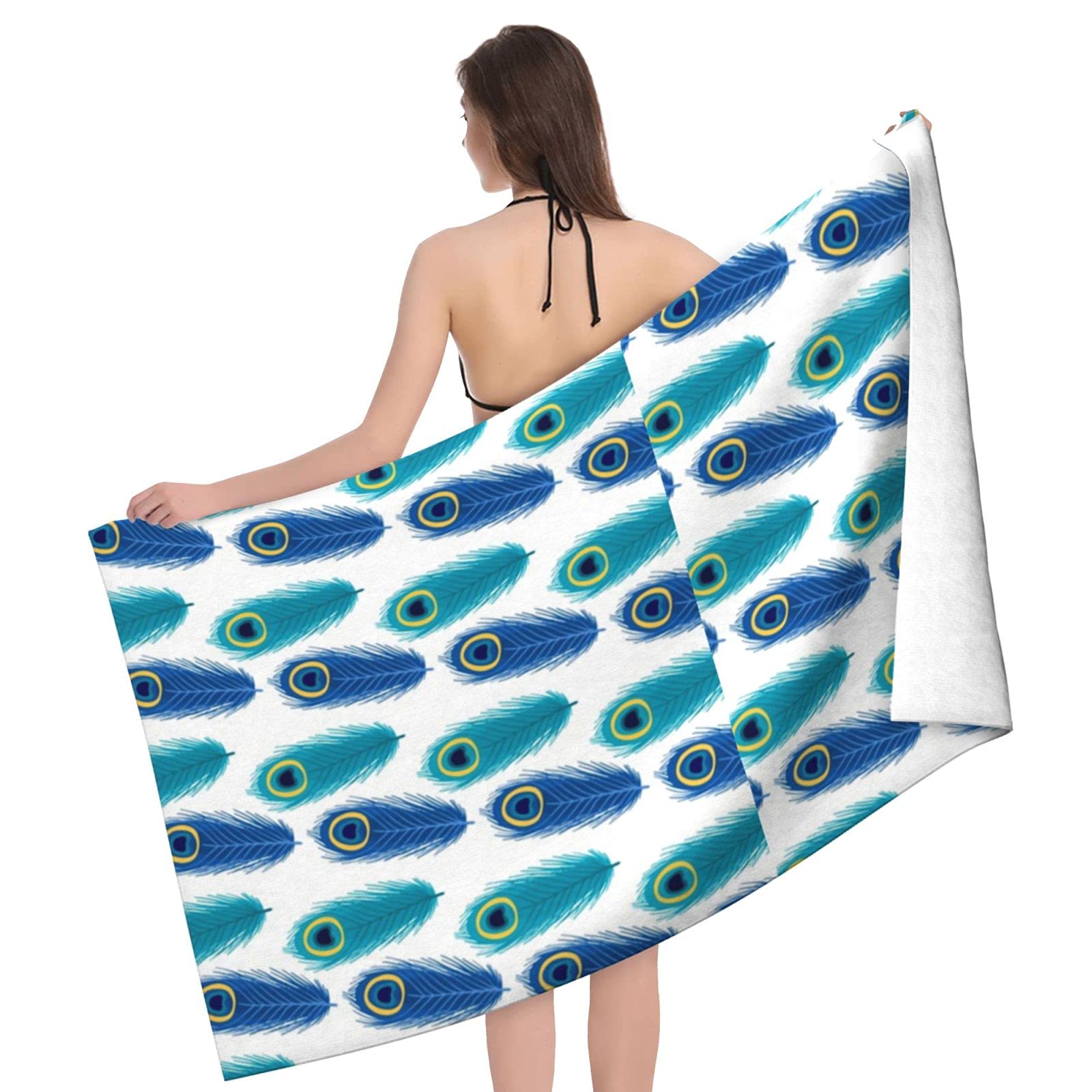 LSRCPD Blue Series Peacock Feather Pattern Beach Towel Highly Absorbent Microfiber Beach Blanket Soft Bath Towels 80 x 130 cm