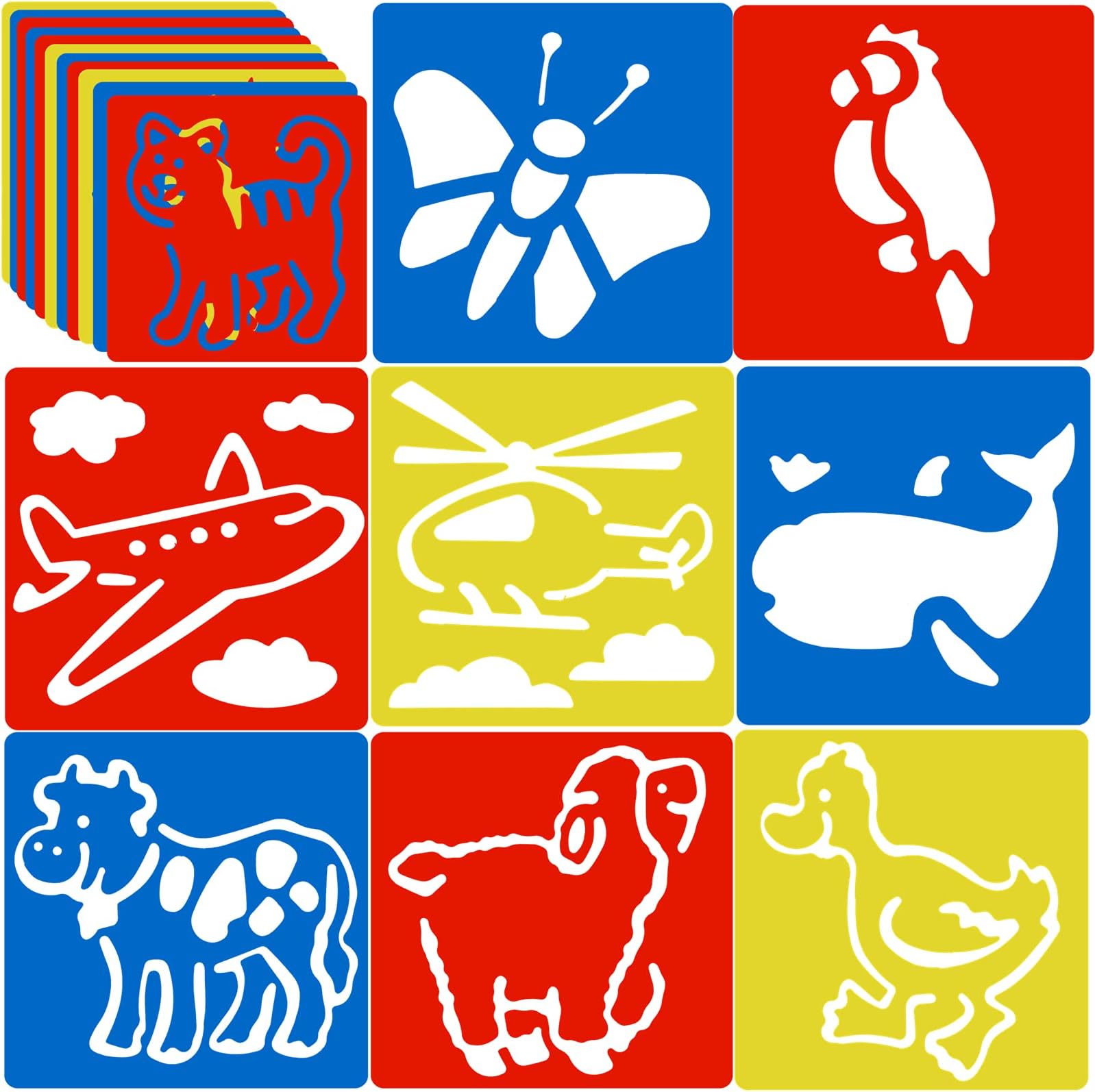 Peohud 36 Pieces Stencils for Painting, Colorful Drawing Chalk Stencils, Washable Animal and Vehicles Themed Primary Shape Template for DIY Art Craft, 6 x 5.6 Inch