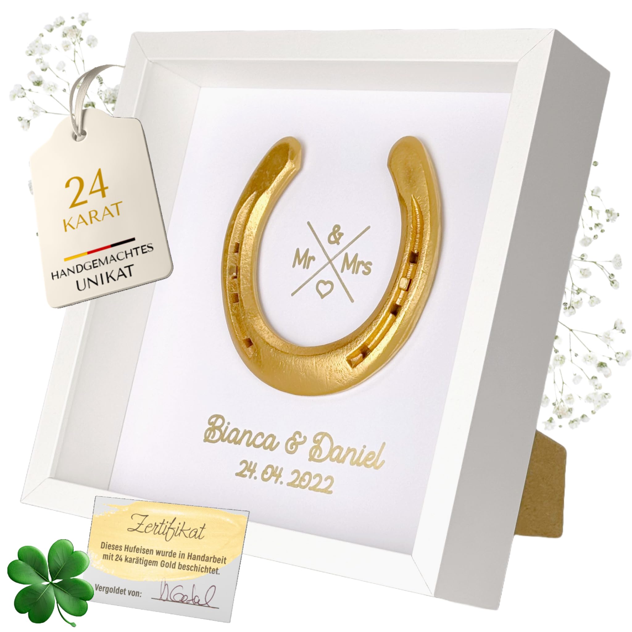 Hochzeitsgeschenk | Hufeisen im Bilderrahmen | Glückshufeisen mit Personalisierung | Personalisiertes Geschenk zur Hochzeit | Persönliches Geschenk Brautpaar | Geschenk Namen (Vergoldet/Weiß)