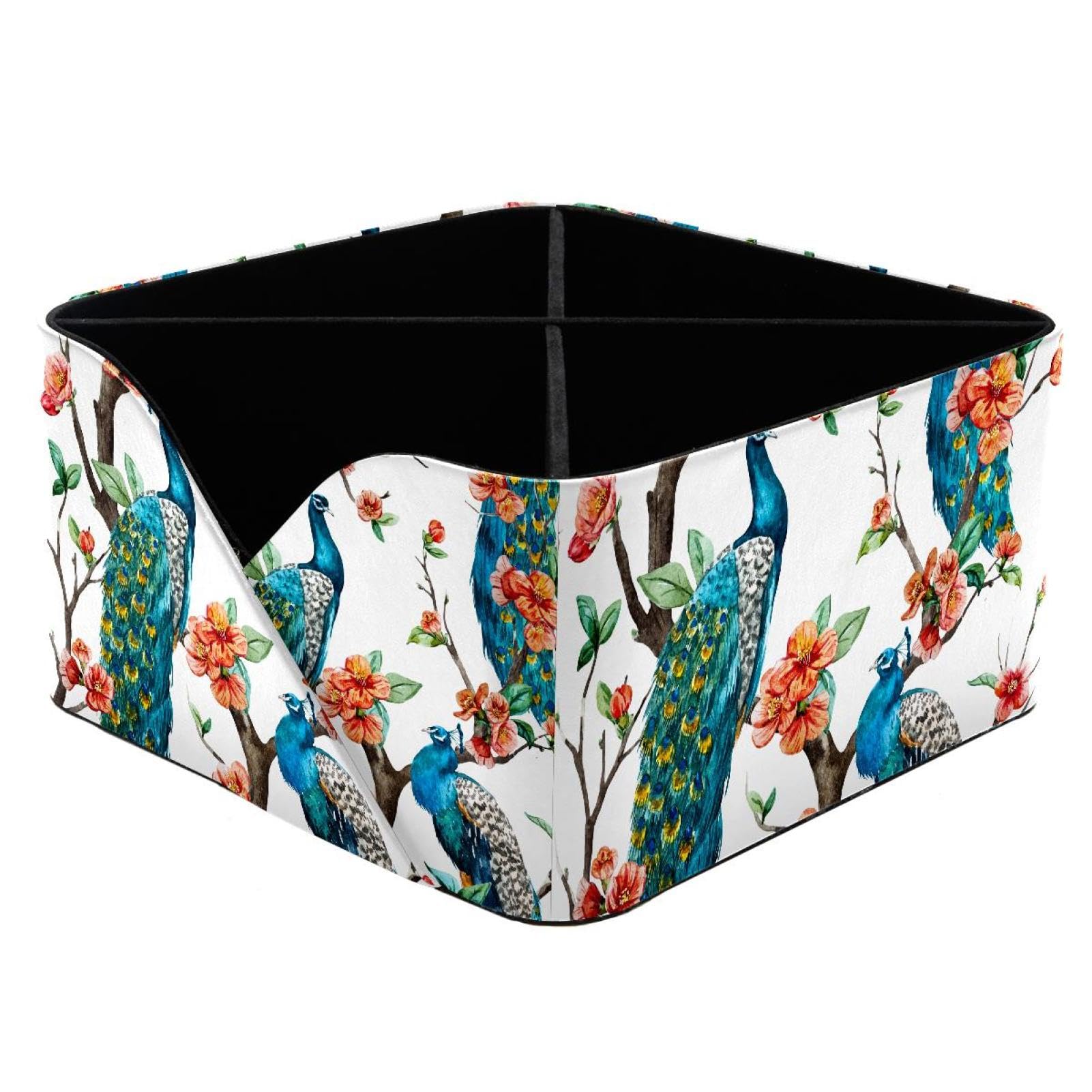 KengjuTesu Watercolor Peacock on Cherry Flowering Trees Pattern Desktop Organizer Pen Holder, Rectangular Pencil Cup for Office, Study and Makeup Stations