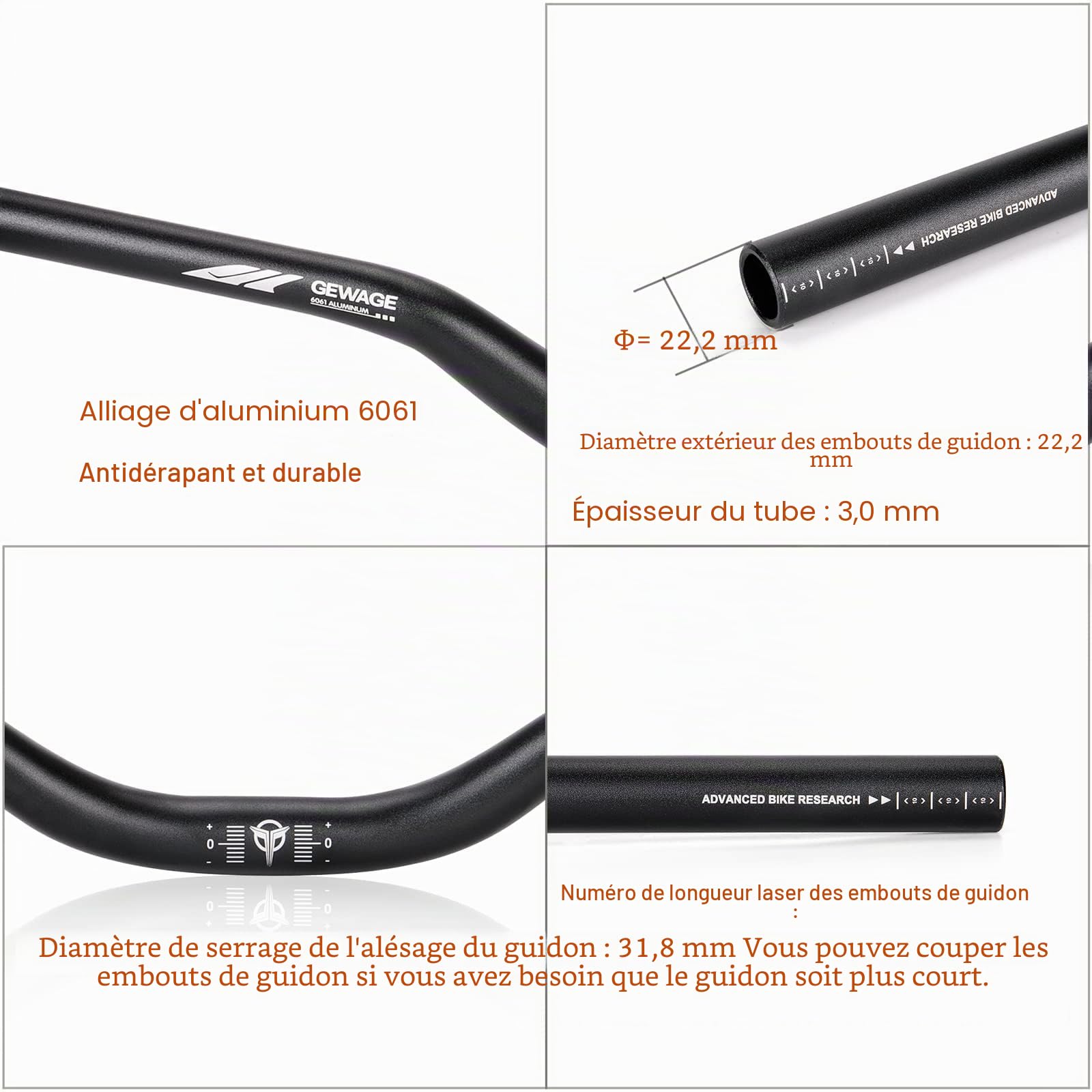 GEWAGE Guidon Riser 780 mm — Aluminium 6061, Serrage 31,8 mm, Inclinaison 12°, 5 Hauteurs (25/55/70/90/120 mm) — Large, Léger, Polyvalent VTT/Gravel/Route (Black, 55mm Rise)