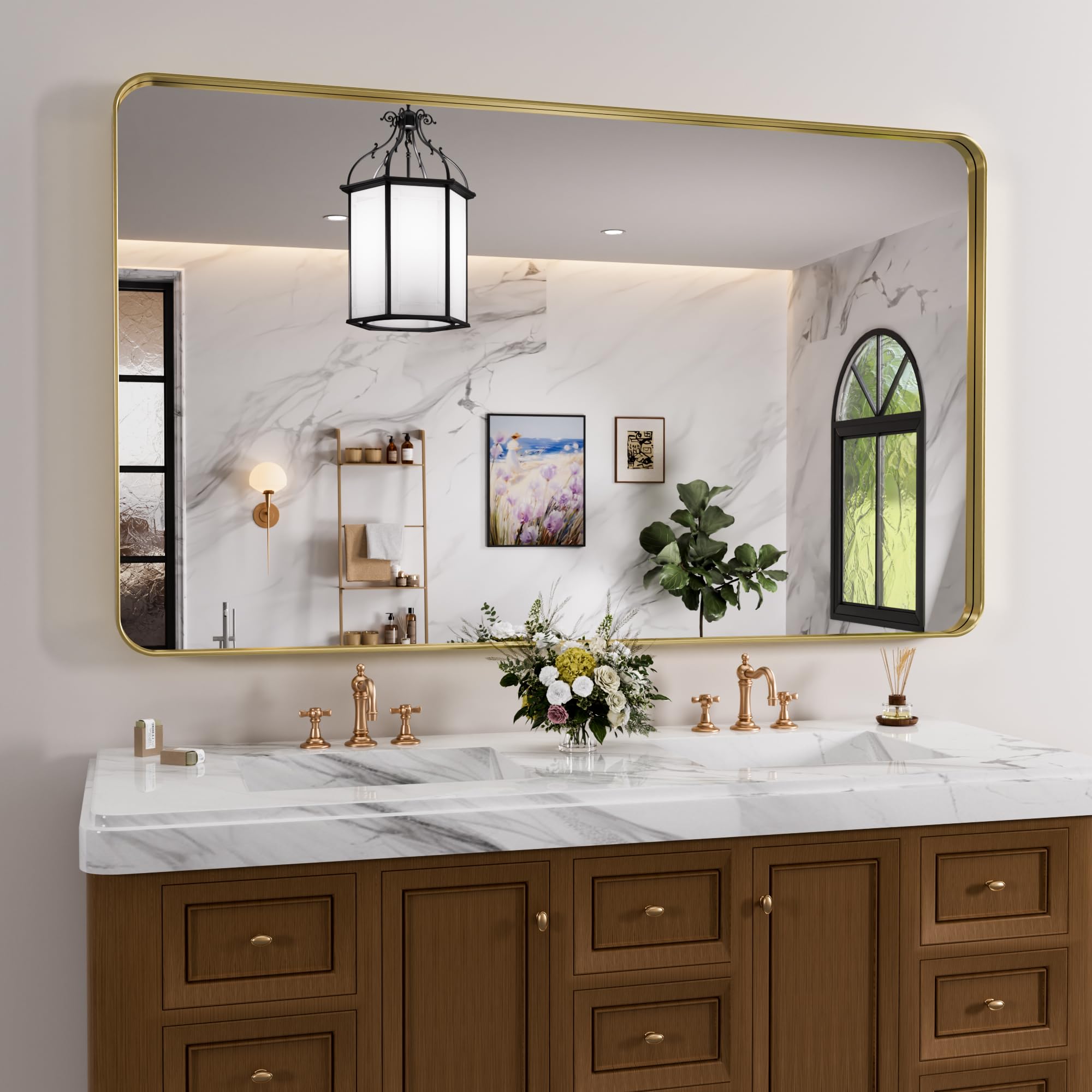 Gold Bathroom Mirror, 55x30 Inch Thick Brushed Metal Frame Wall Mirror, Modern Rectangle Bathroom Vanity Mirror for Over Sink, Bedroom, Living Room, Entryway, Horizontal/Vertical