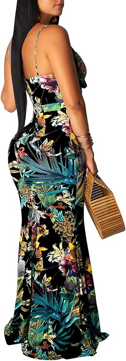 SheKiss Women's Summer Floral Spaghetti Strap Long Maxi Dresses Low-Cut Bohemian Beach Sundress