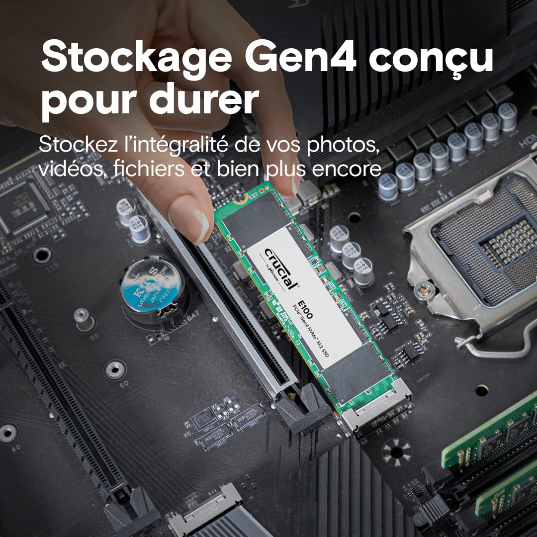 Crucial E100 1To PCIe Gen4 NVMe M.2 SSD Interne, Jusqu’à 5000 Mo/s, Compatible avec Ordinateur Portable et de Bureau - CT1000E100SSD8