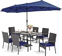 PHI VILLA 7-Piece Patio Dining Set: 60" Rust-Resistant Metal Table, 6 Cushioned Rattan Chairs, 13ft UV-Protective Blue Umbrella for Outdoor Deck Yard