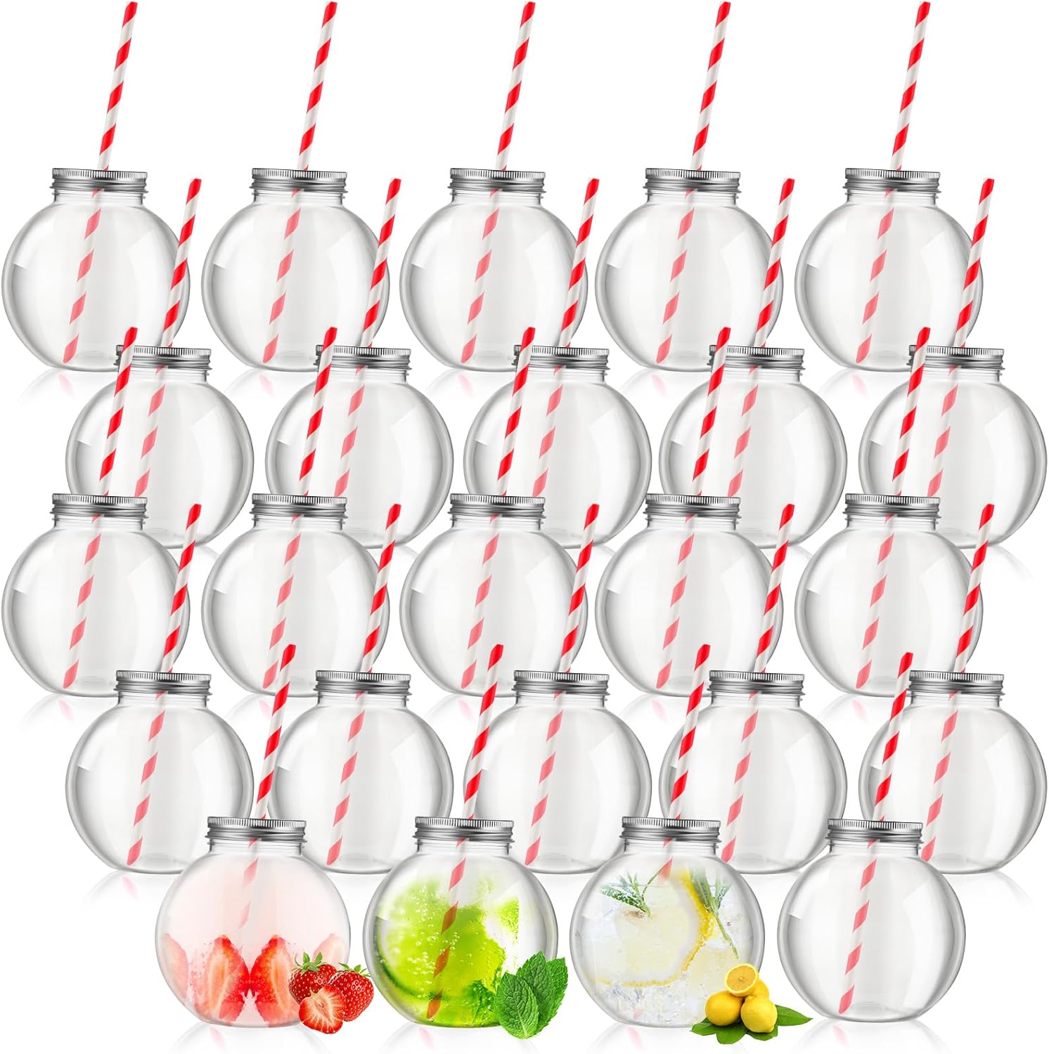 Yaomiao 24 Pcs 10 oz Mini Plastic Fish Bowl Ornament Cups for Drinks Clear Spherical Potion Bottles with Lids and Straws Bulb Cups for Christmas Carnival Candy Party Decorations (Red) Red 24