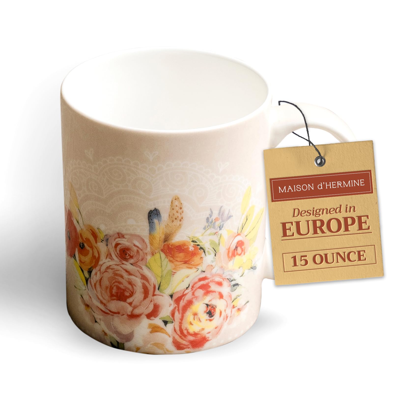 Maison d' Hermine Coffee Mug with Handles Fine Bone China Mugs Pack of One Tea Cups for Hot Beverages Cappuccino Latte Home Restaurant Office Perfect for Gift (Ibiza - Beige - Rose, 15 Ounce)