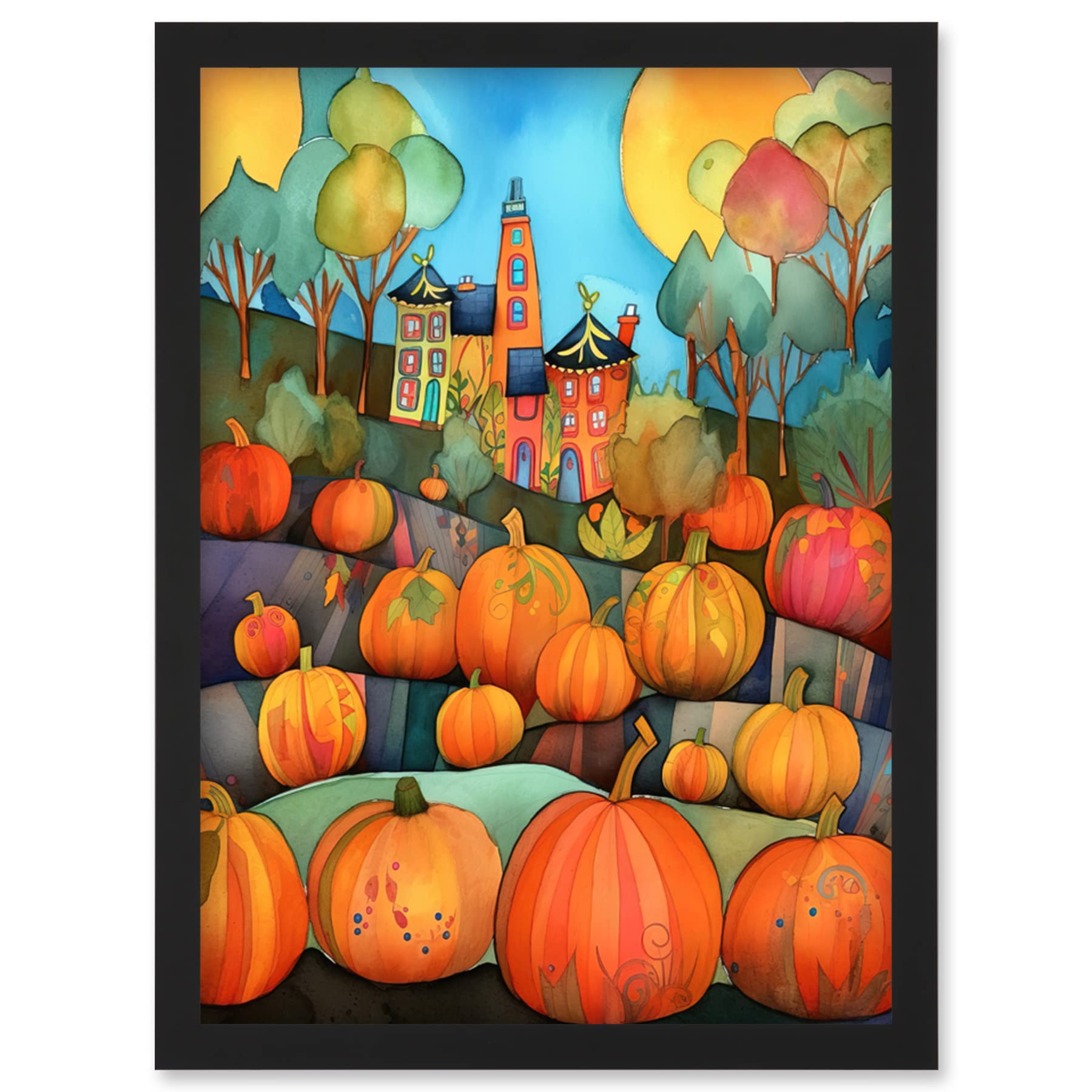 Artery8 Farm House Halloween Pumpkin Patch Modern Folk Art Watercolour Painting Artwork Framed Wall Art Print A4