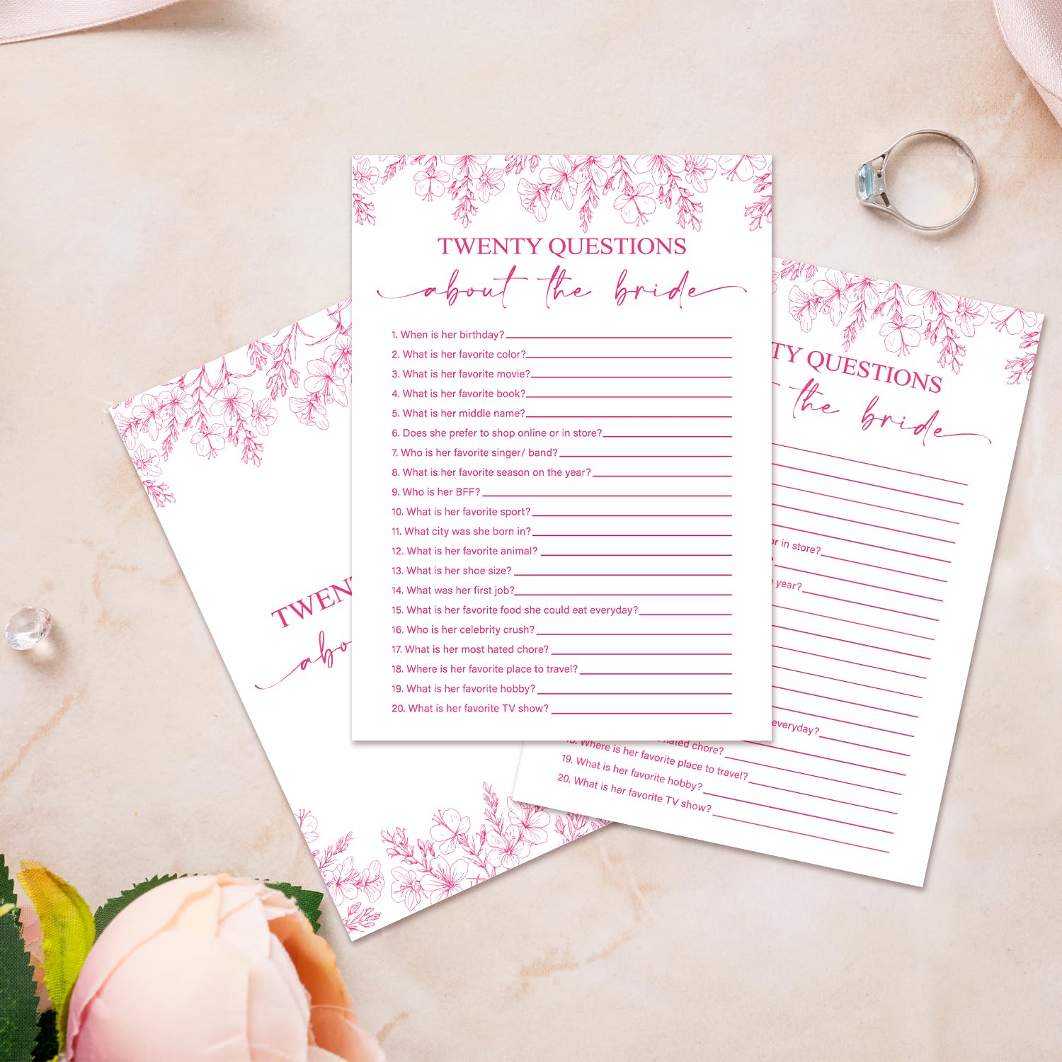 Tarjetas de juegos de despedida de soltera, veinte preguntas sobre la novia, actividad de juego de boda floral rosa para 25 invitados, suministros de fiesta de compromiso de despedida de
