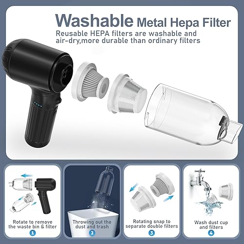 Miniatura 9 de Aspirador de coche de alta potencia de mano 150 W 17000 Pa 4 en 1 mini aspiradora inalámbrica y plumero de aire con mango ajustable de 180 luz LED