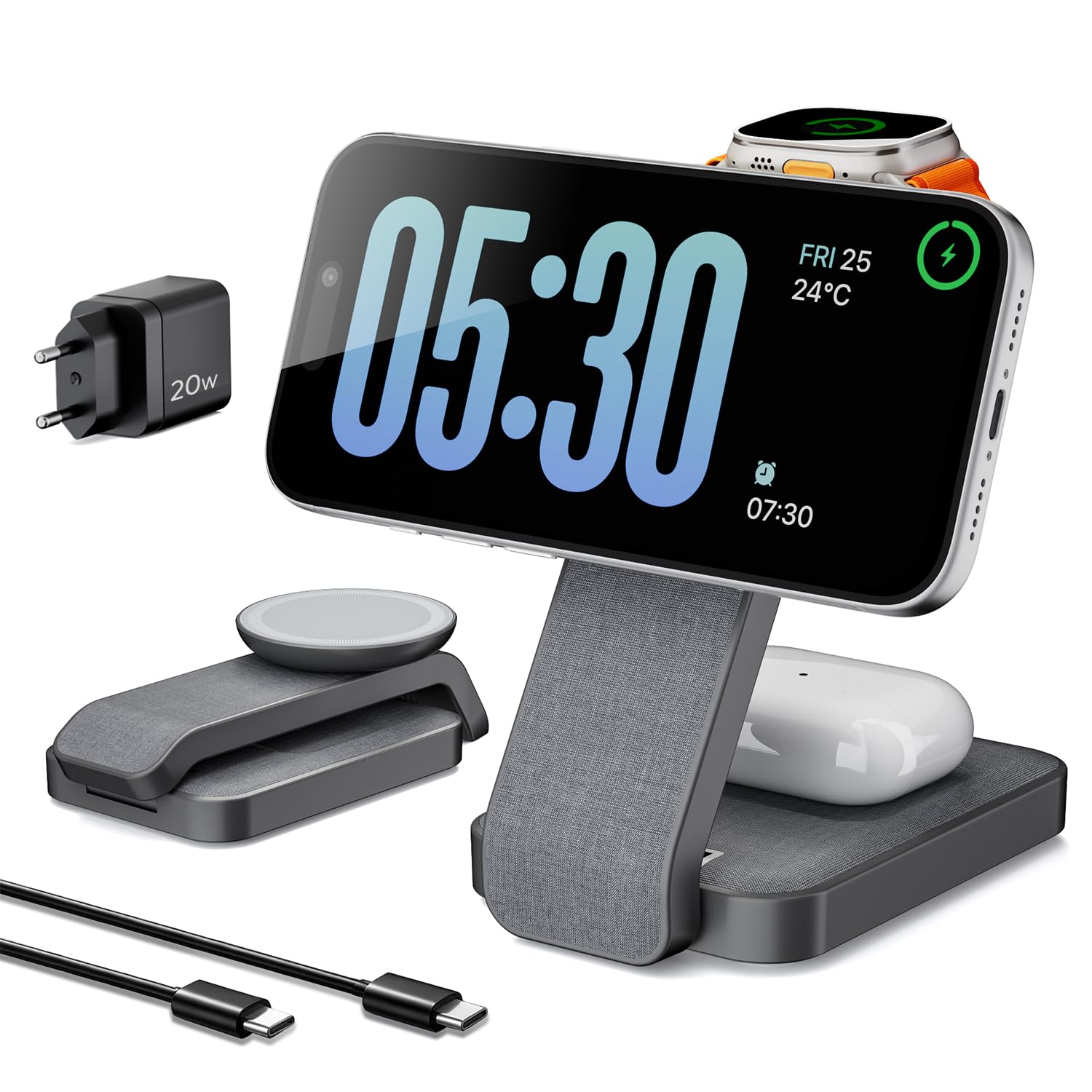 Eazpower Magsafe Ladestation für Apple Watch und iPhone 3 In 1 Faltbar, iPhone Ladestation Magsafe Ladegerät Schnellladefunktion mit Nachtlicht für iPhone 17~12, Apple Watch 11~2, AirPods - Anthrazit