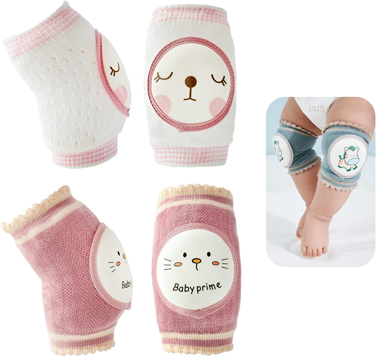 Reidio 2 Pairs Baby Knee Pads for Crawling Breathable Elastic Cotton Crawling Knee Pads Cute Unisex Baby Knee Protector with Sponge Pad for Baby Toddler (Rabbit & Cat)