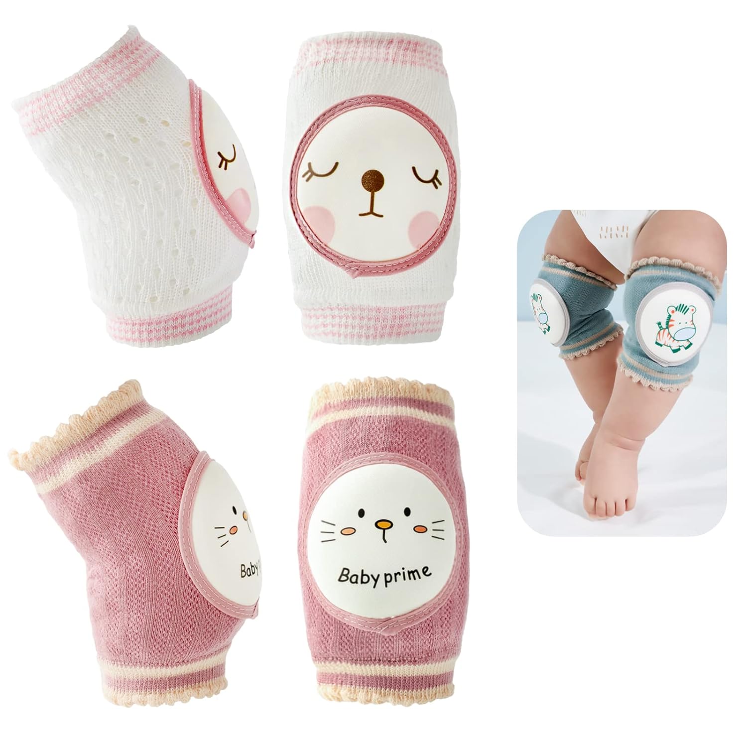 Reidio 2 Pairs Baby Knee Pads for Crawling Breathable Elastic Cotton Crawling Knee Pads Cute Unisex Baby Knee Protector with Sponge Pad for Baby Toddler (Rabbit & Cat)