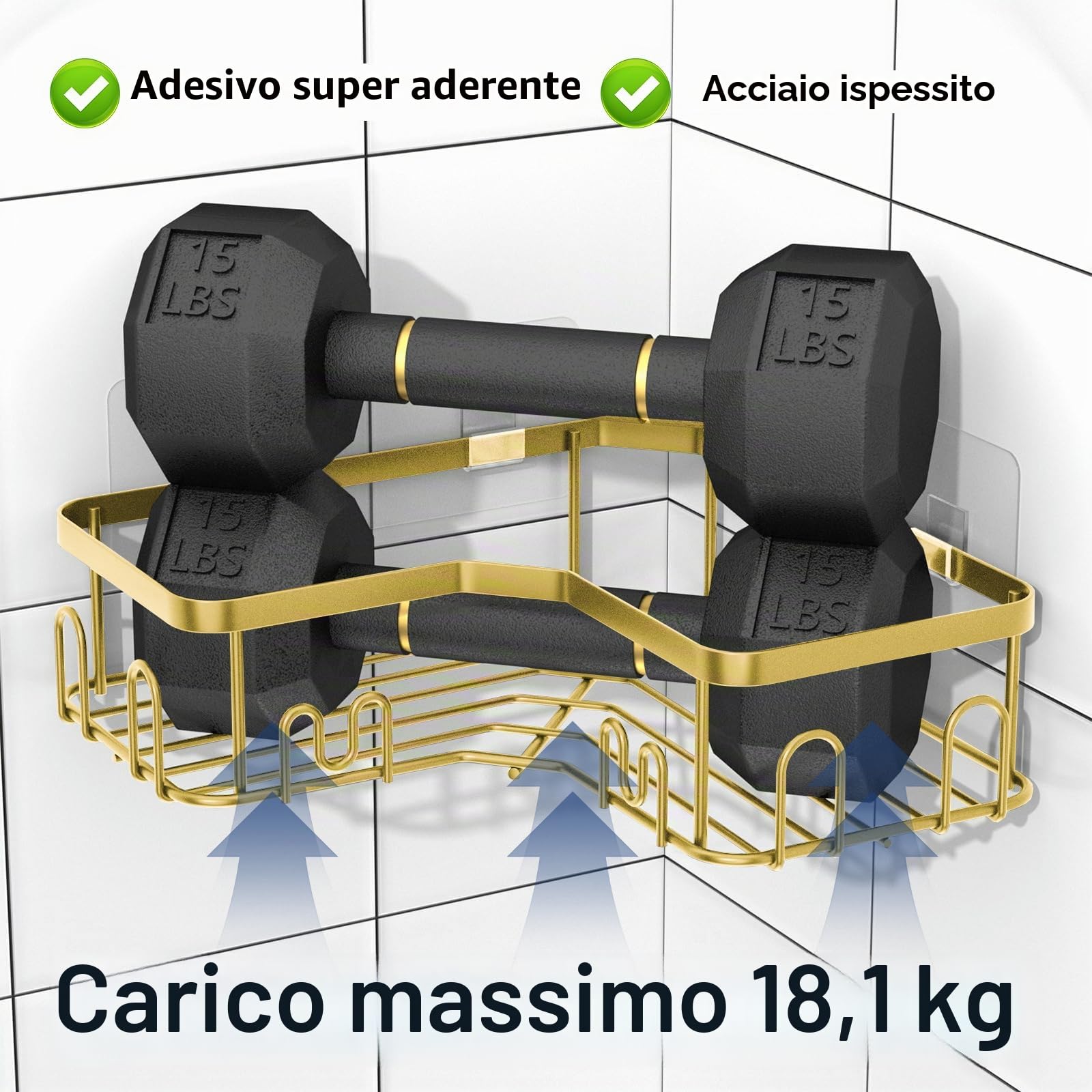 Menbyci Confezione da 3 mensole angolari per doccia, mensole adesive da bagno con 18 ganci, organizer per doccia senza trapano e ad asciugatura rapida con grande capacità, in acciaio inossidabile