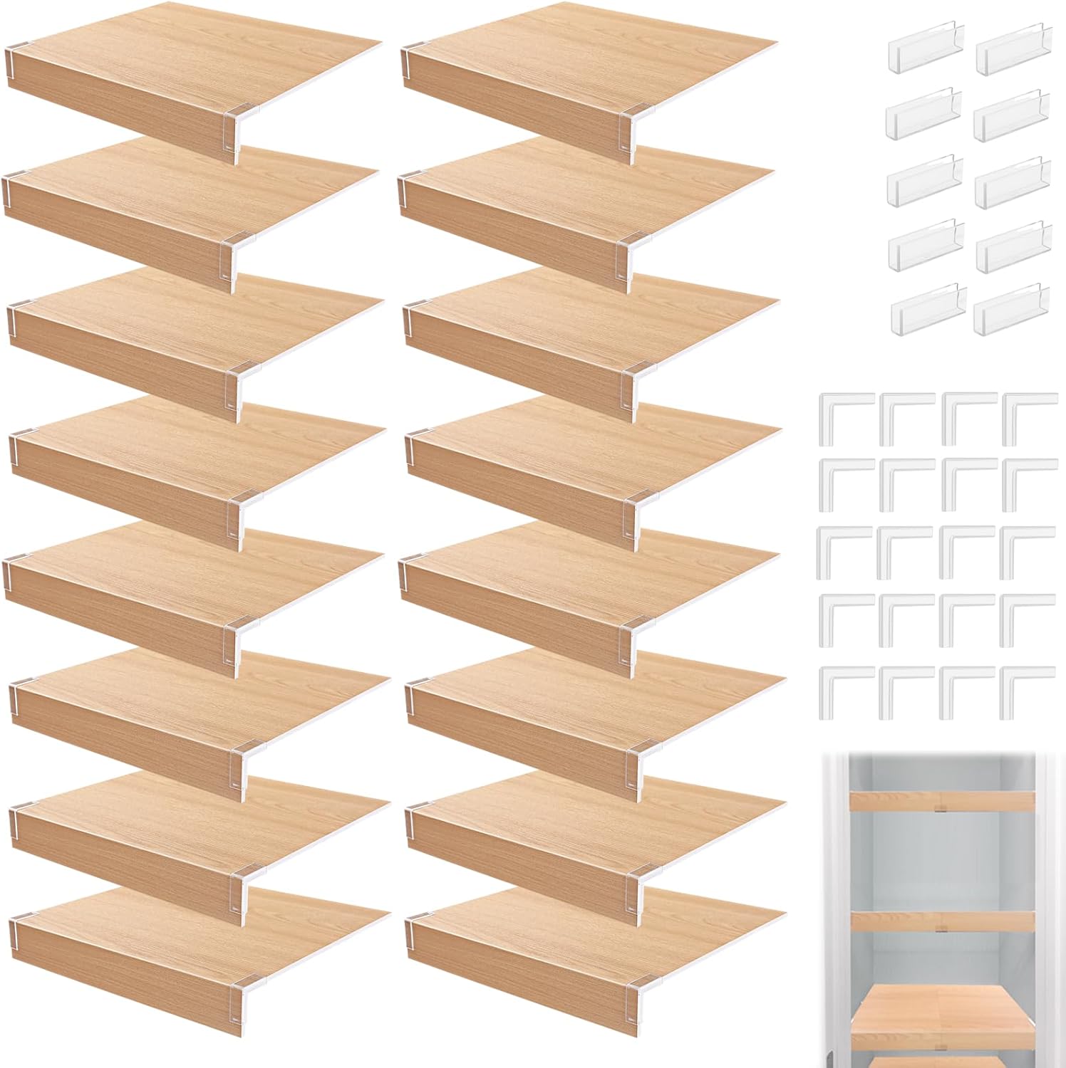 16 Pcs Wire Shelf Cover Adjustable PVC Wood Wire Rack Covers for Pantry Faux Wooden Shelf Liners 12x14 Inch Moisture Proof Removable Closet Shelves with 7 Holders for Kitchen