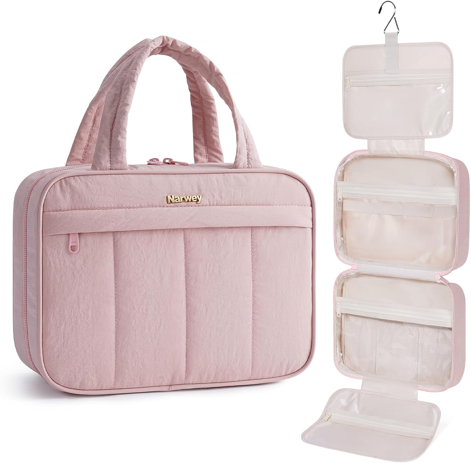 Narwey Hanging Toiletry Bag Women Travel Toiletries Bag Quilted Makeup Cosmetic Organizer for Travel Size Essentials Accessories with Hanging Hook (Pink)